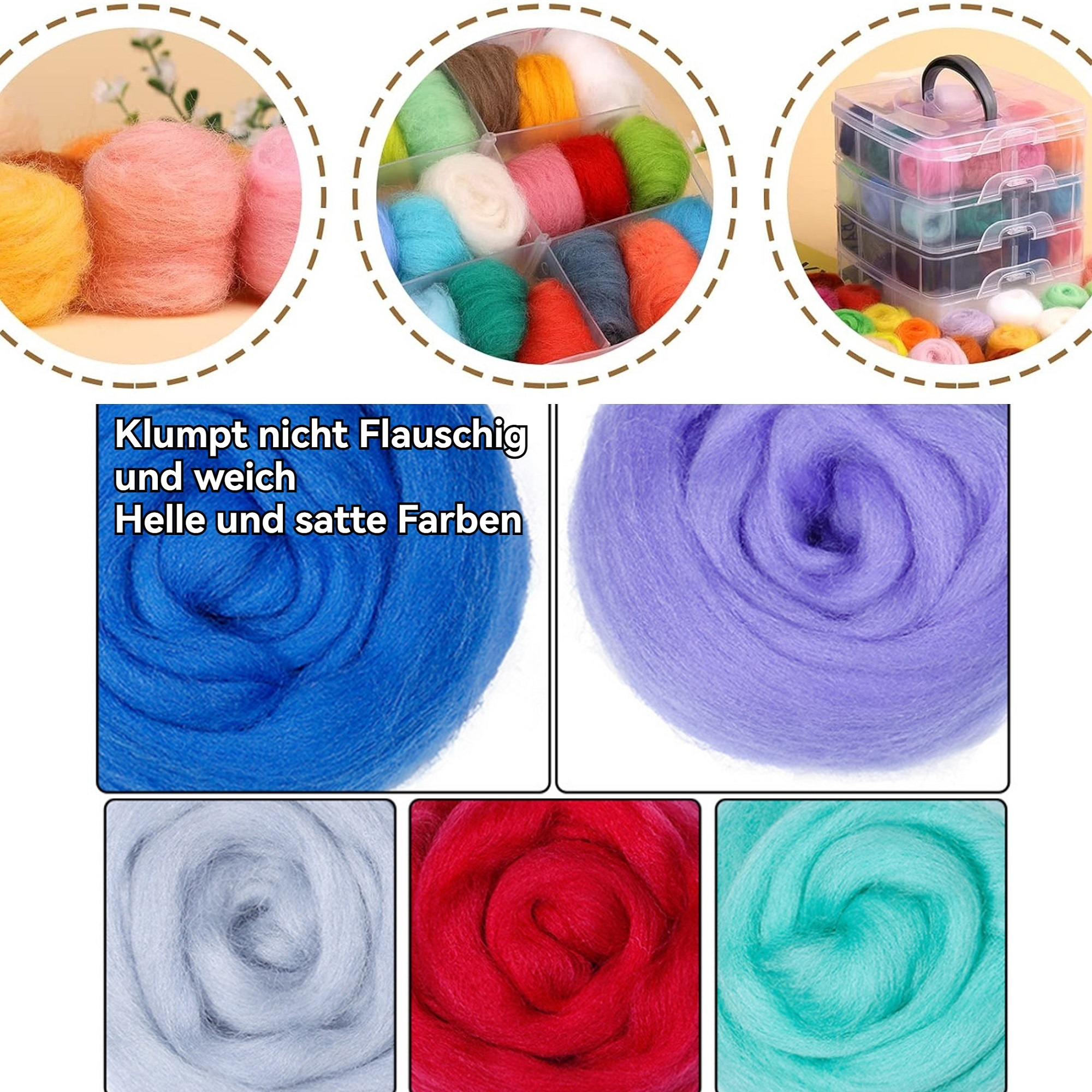 Das Bild zeigt bunte Wollkugeln und Behälter. Zu den Farben gehören Rosa, Blau, Grün, Rot und Gelb. Die Textur wirkt weich und flauschig.