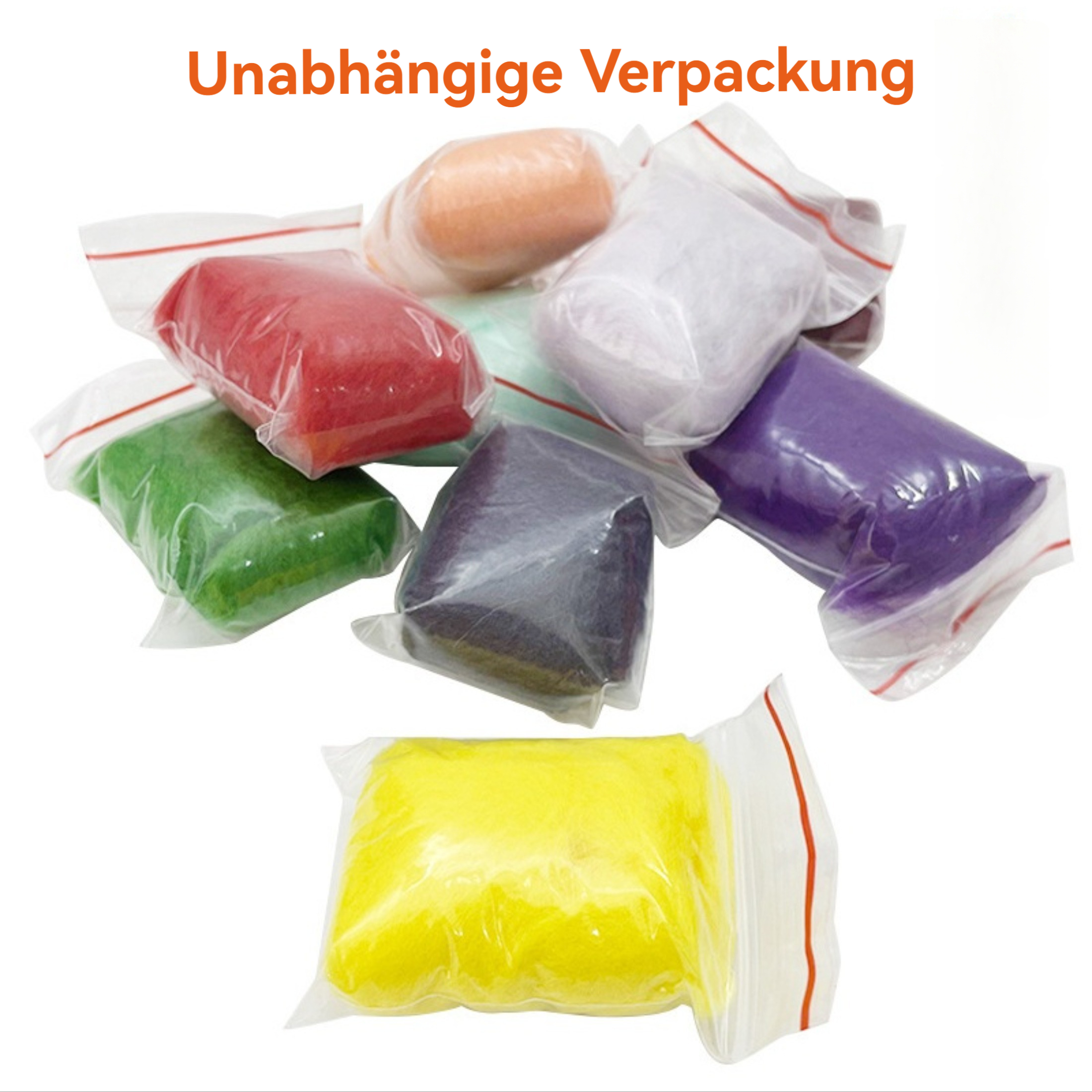 Verschiedene farbige Materialien in durchsichtigen Plastiktüten, darunter rot, grün, gelb, lila, weiß und orange, vor weißem Hintergrund.