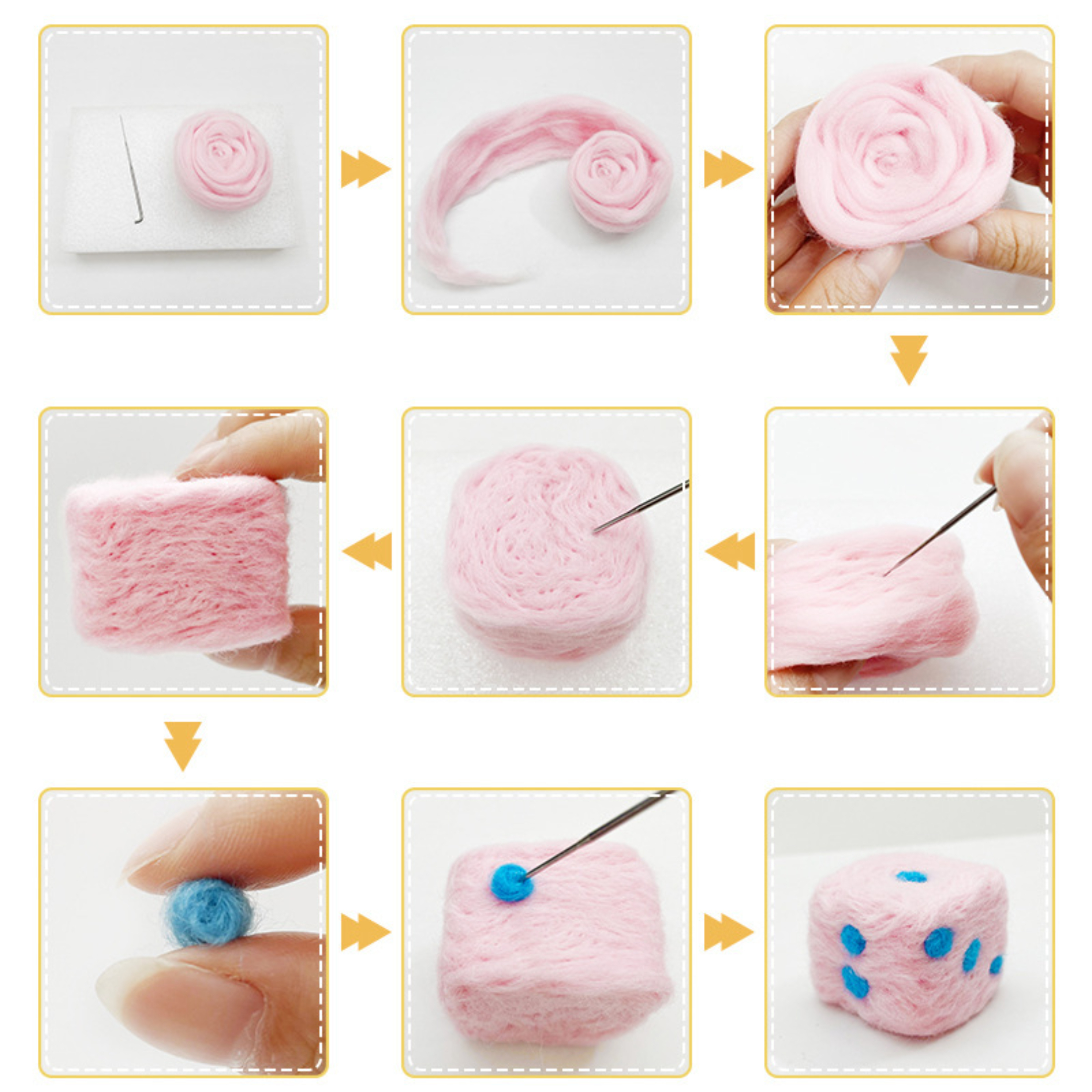 Eine Schritt-für-Schritt-Anleitung zum Filzen einer Rose. Rosafarbene Wolle wird zu einer Rose geformt und genadelt, dann werden blaue Punkte auf einen Würfel gesetzt.