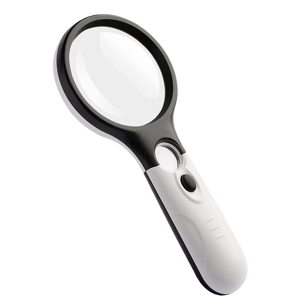 Eine Lupe mit einem schwarz-weißen Griff. Die Linse ist klar. Der Griff hat einen Knopf und ist ergonomisch geformt.