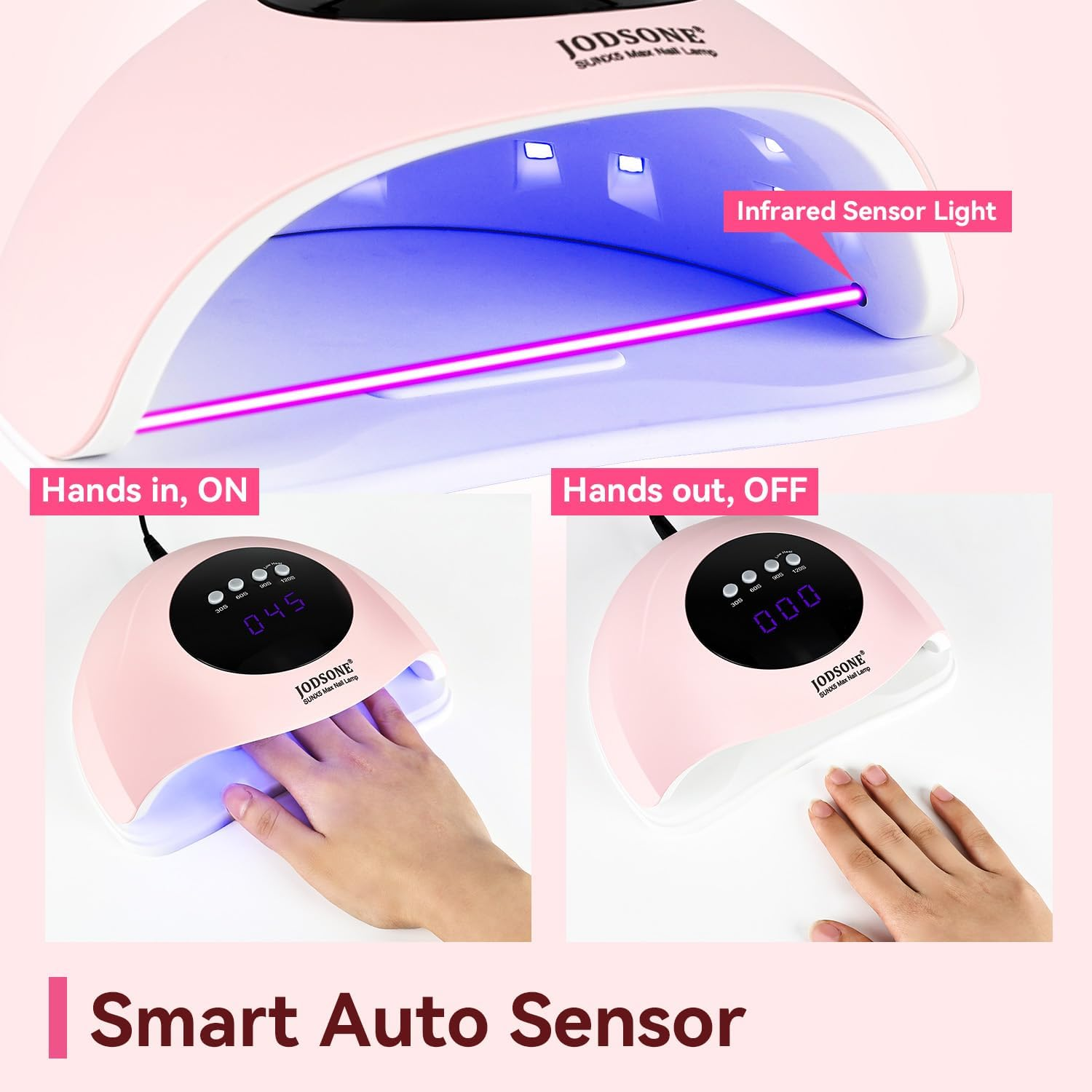 Eine rosa Nagellampe mit Hand innen und außen. Text zeigt Hand in/aus und die Zeitanzeige der Lampe.