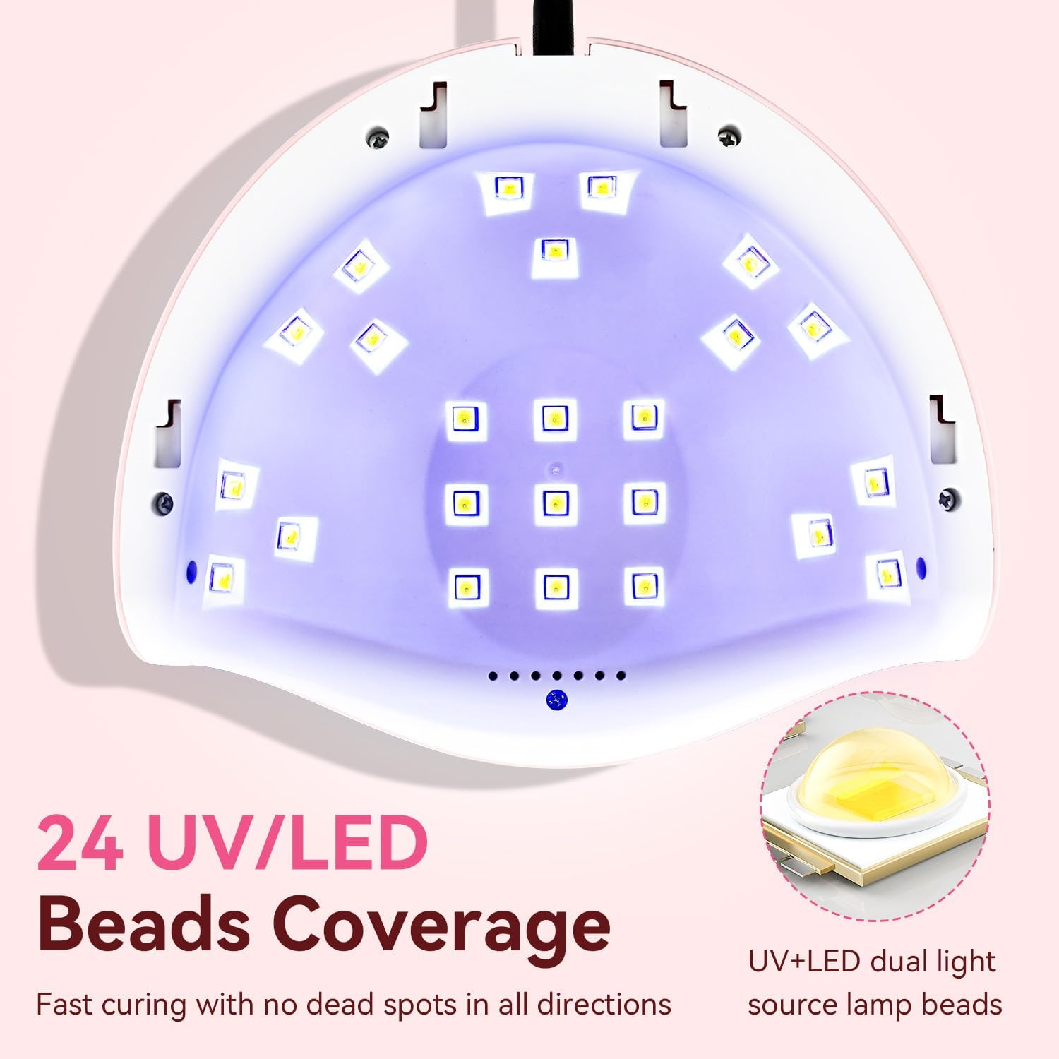 Eine Nagellack-Härtungslampe mit 24 UV/LED-Perlen. Sie ist weiß mit rosa Umriss. Ein kleiner Einsatz zeigt eine Lampenperle. Text: 24 UV/LED.