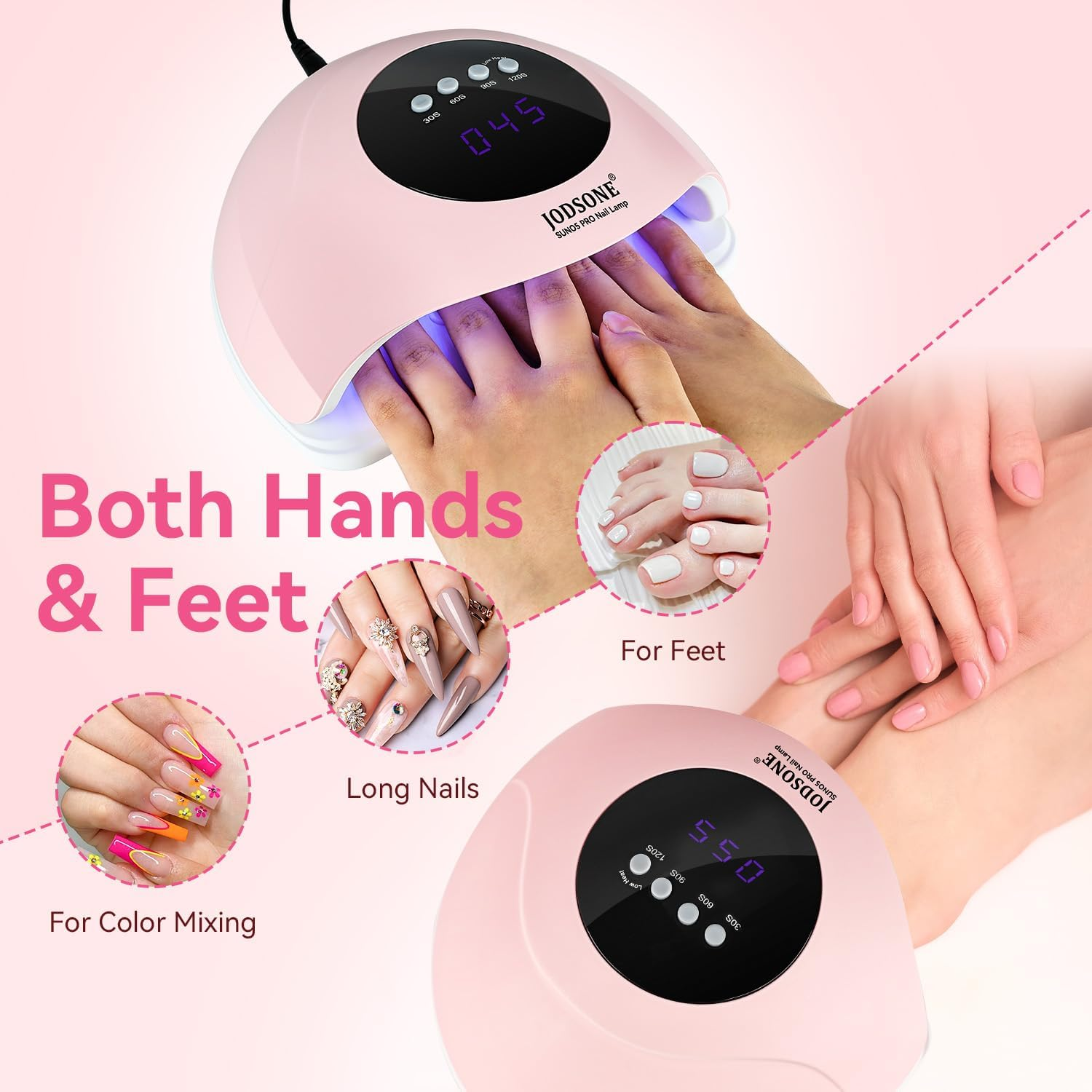 Eine rosa Nagellampe mit Händen und Füßen darunter. Das Bild zeigt Beispiele für Nagelkunst und den Timer der Lampe.
