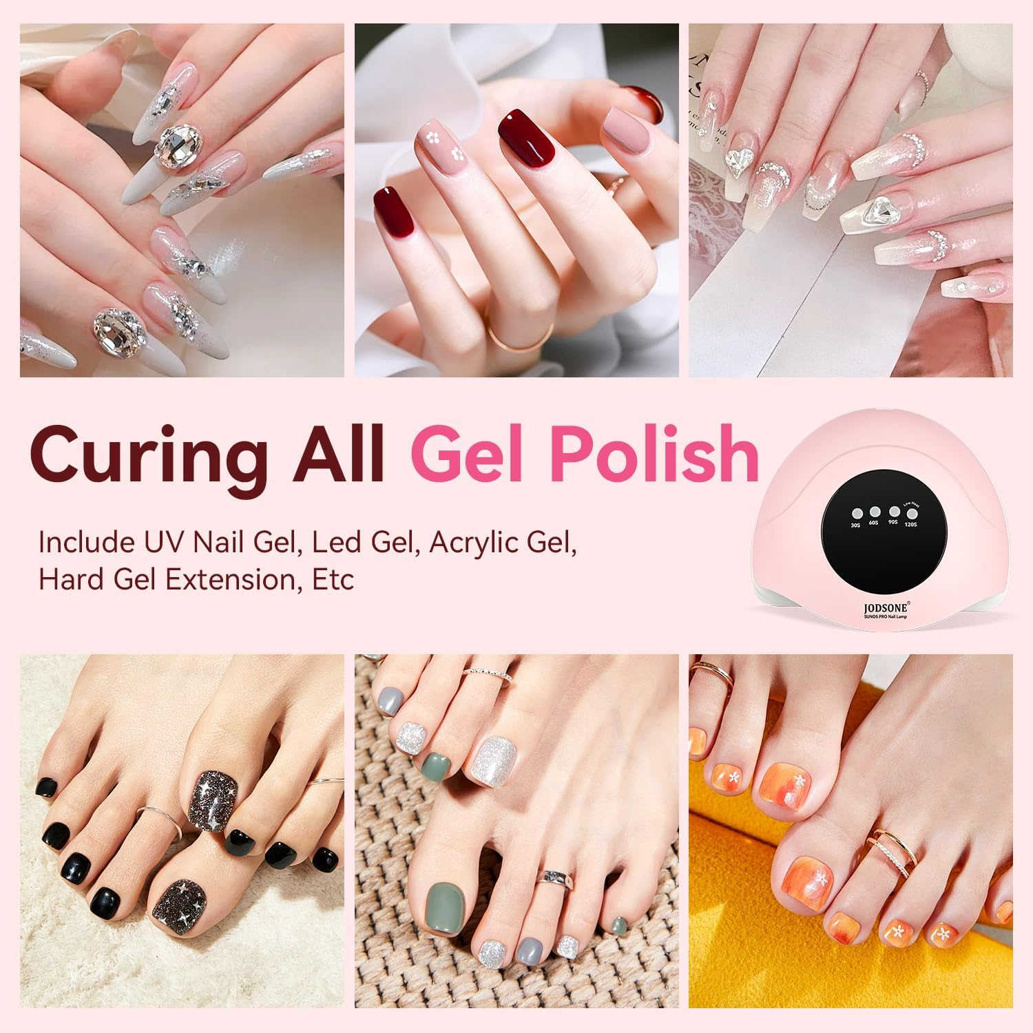 Das Bild zeigt Hände und Füße mit verschiedenen Gel-Nagel-Designs. Eine UV-Lampe ist ebenfalls zu sehen. Der Text lautet: 'Curing All Gel Polish'.
