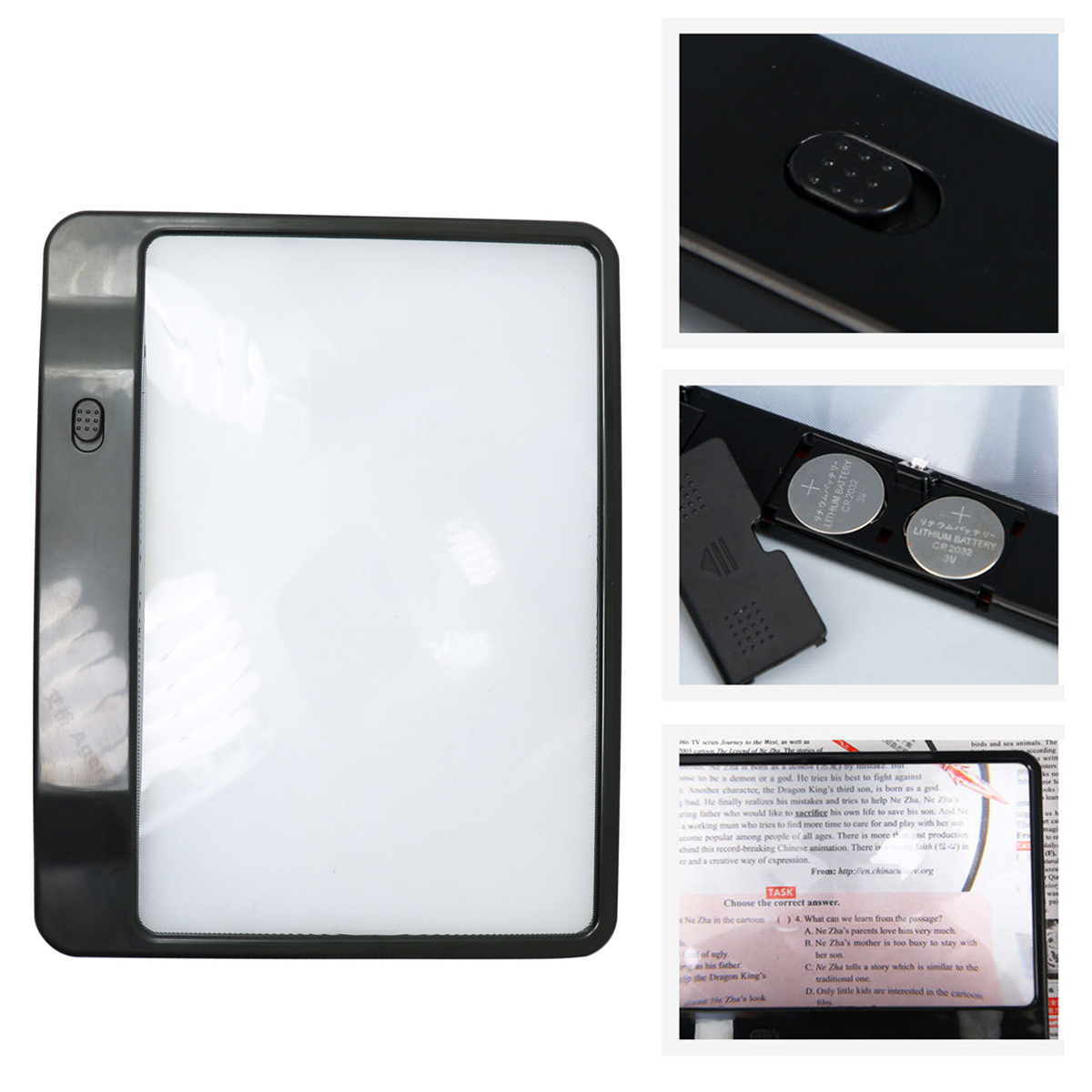 Eine Lupe mit Licht, die Batterien und einen Knopf zeigt. Unter dem Glas befindet sich ein Buch. Das Glas ist schwarz und rechteckig.