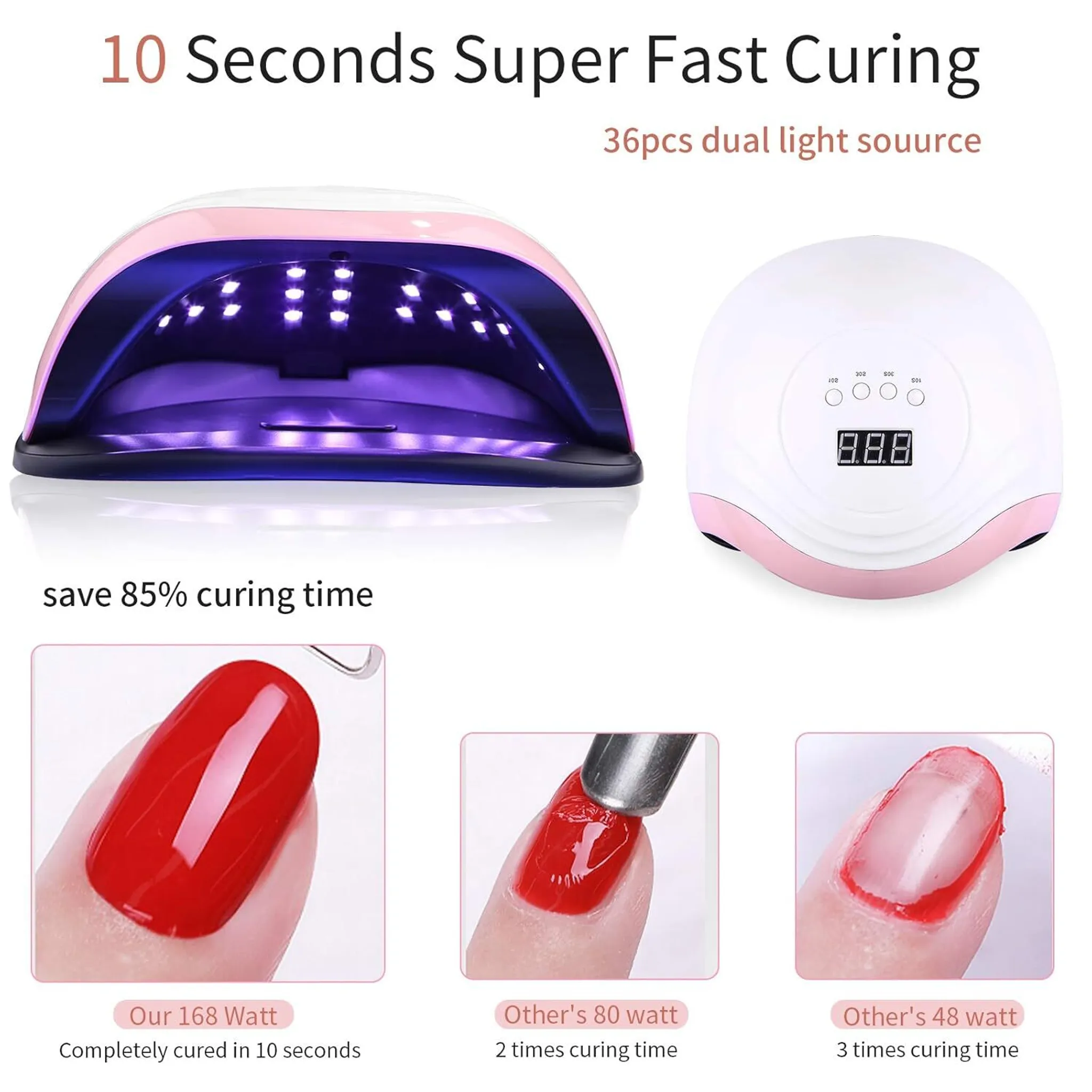 Das Bild zeigt eine Nagelhärtungslampe und drei Tests zur Nagellackhärtung. Die Lampe ist weiß und rosa. Die Tests zeigen Aushärtezeiten.