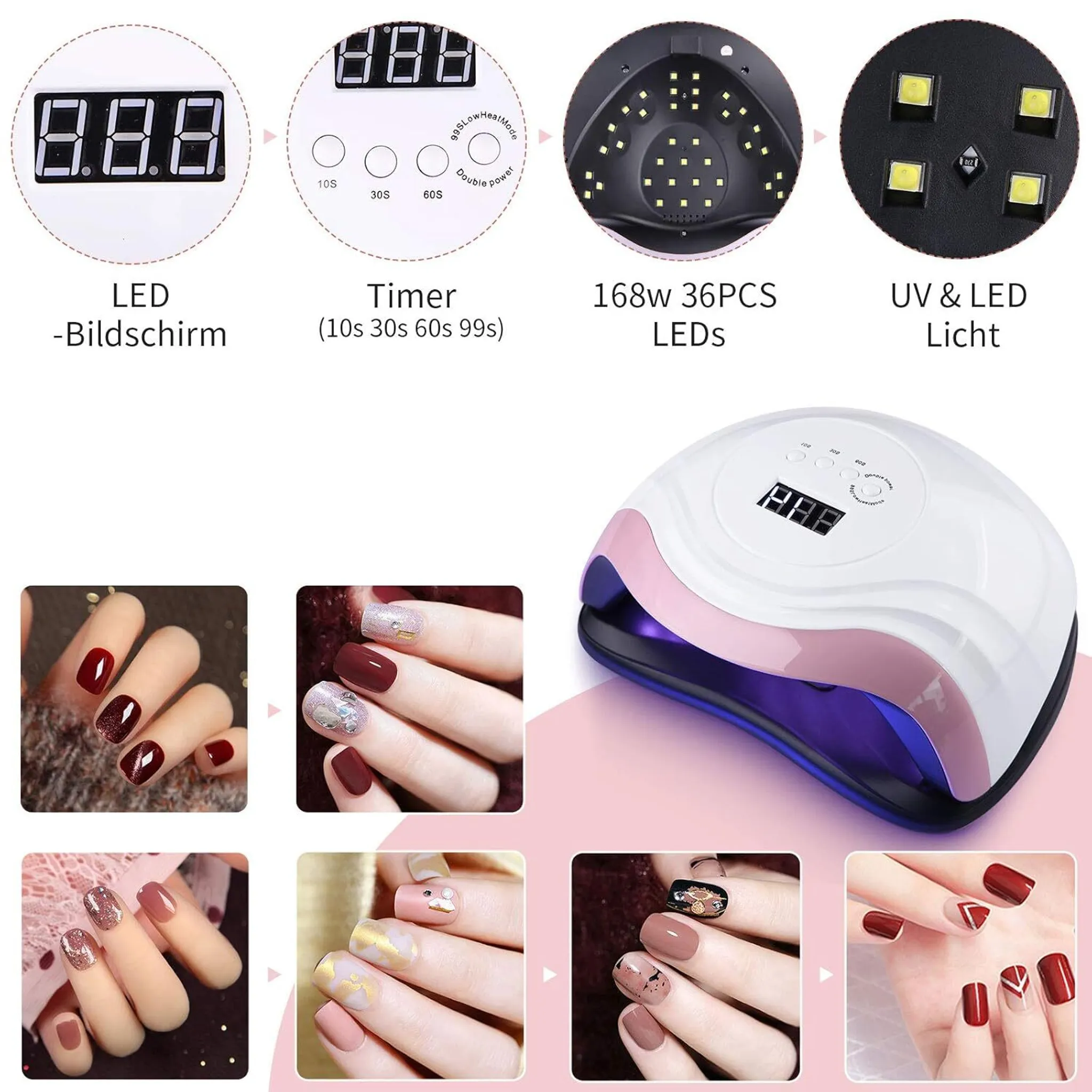 Das Bild zeigt einen Nageltrockner mit digitaler Anzeige, Knöpfen und verschiedenen LED-Leuchten sowie Beispiele für Nagelkunst.