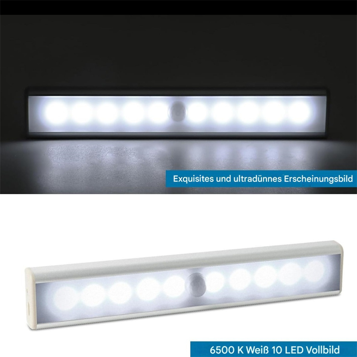 Eine weiße LED-Lichtleiste mit 10 Lichtern. Die Leiste ist rechteckig, mit Text unten. Dunkler Hintergrund.