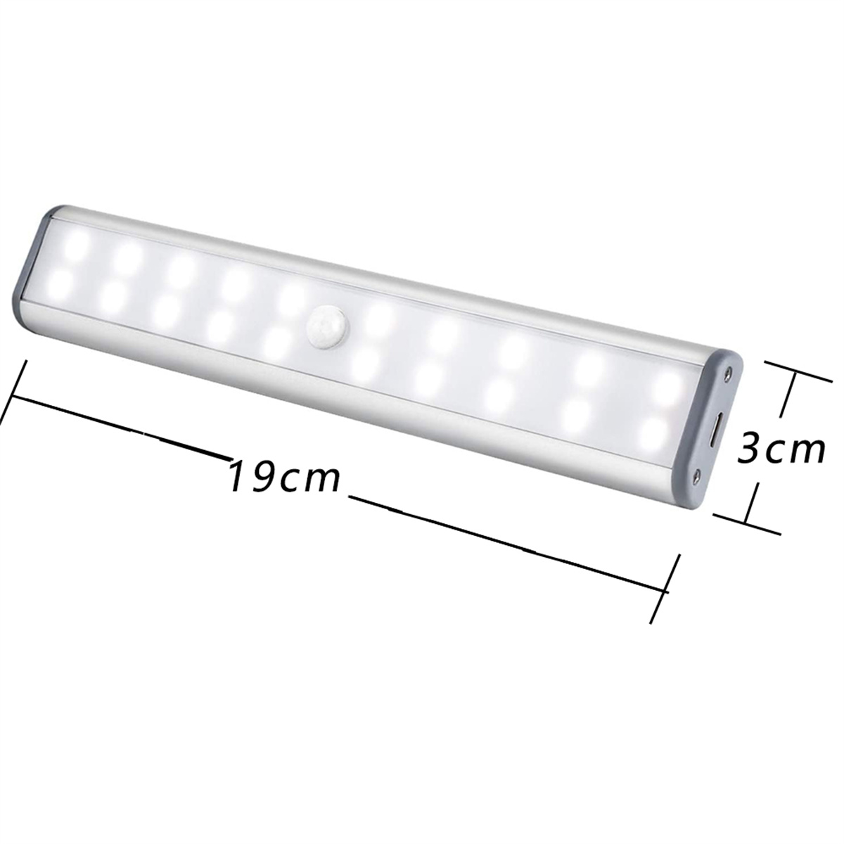 Ein silbernes LED-Licht mit den angegebenen Abmessungen: 19 cm lang und 3 cm breit. Es hat einen Bewegungssensor. Der Hintergrund ist weiß.