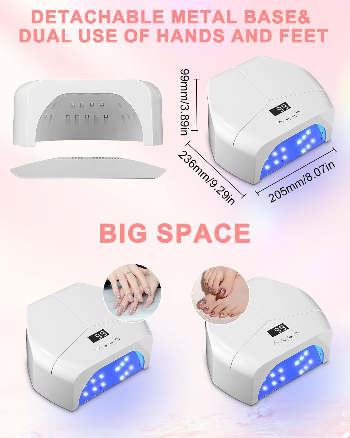 Weiße Nagellampe mit Digitalanzeige und blauen LEDs, Abmessungen angegeben. Nagelkunstbeispiele und Text: Abnehmbare Metallbasis und duale Verwendung.