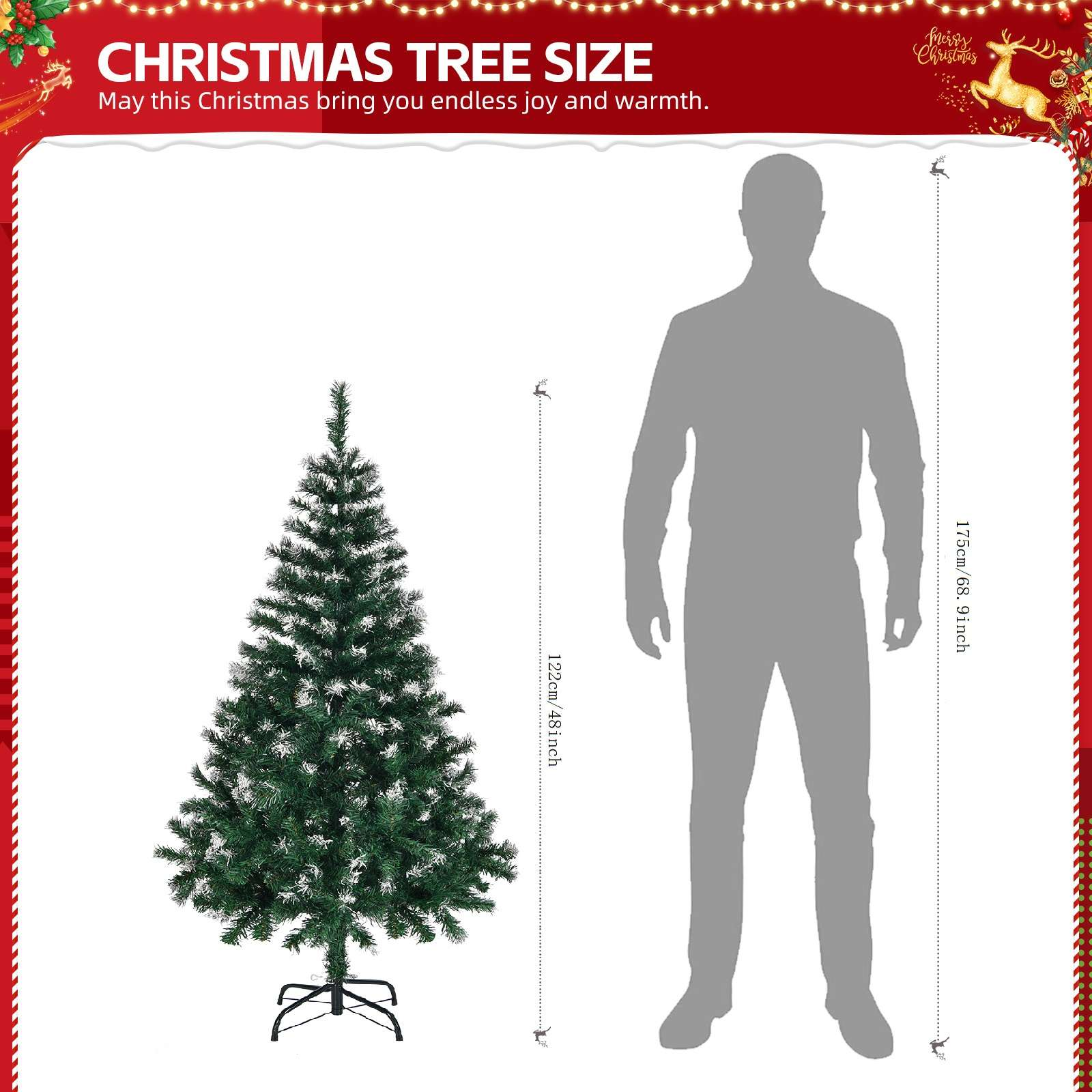 Das Bild zeigt einen grünen Weihnachtsbaum neben einer menschlichen Silhouette, mit Größenvergleichen und Text über Weihnachten.