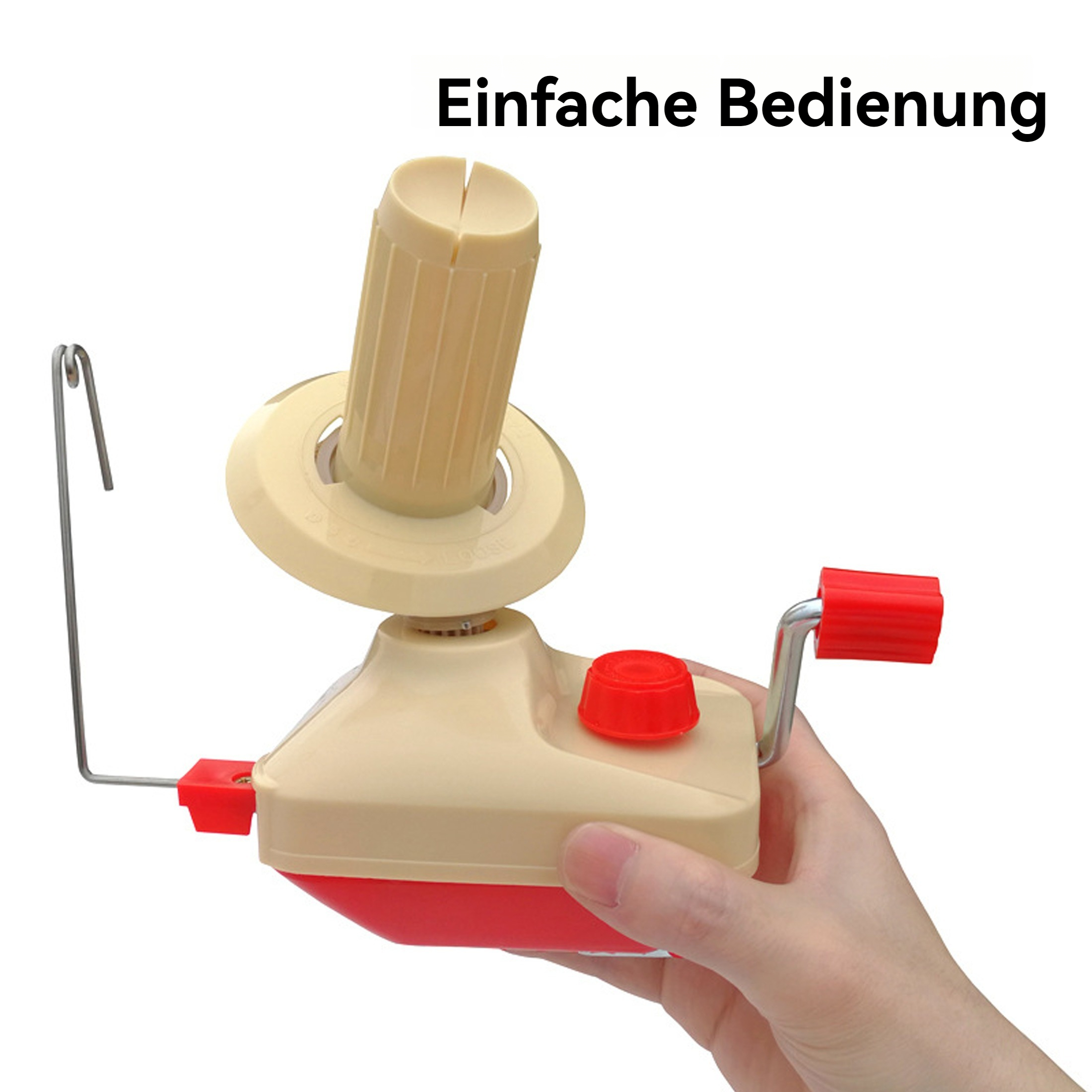 Eine Hand hält einen cremefarbenen und roten Garnwickler mit Griff. Der Text 'Einfache Bedienung' steht oben.