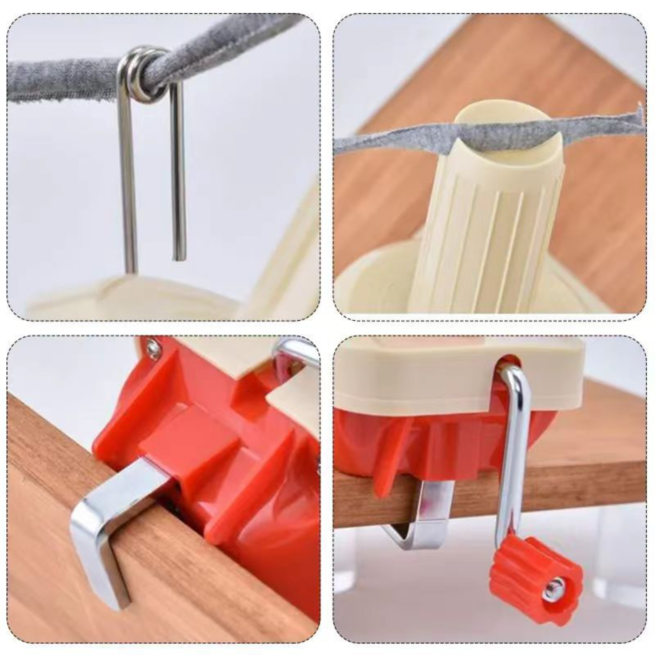 Nahaufnahme eines Garnwicklers. Roter und cremefarbener Körper, Metallgriff, graues Garn und eine Holzoberfläche.