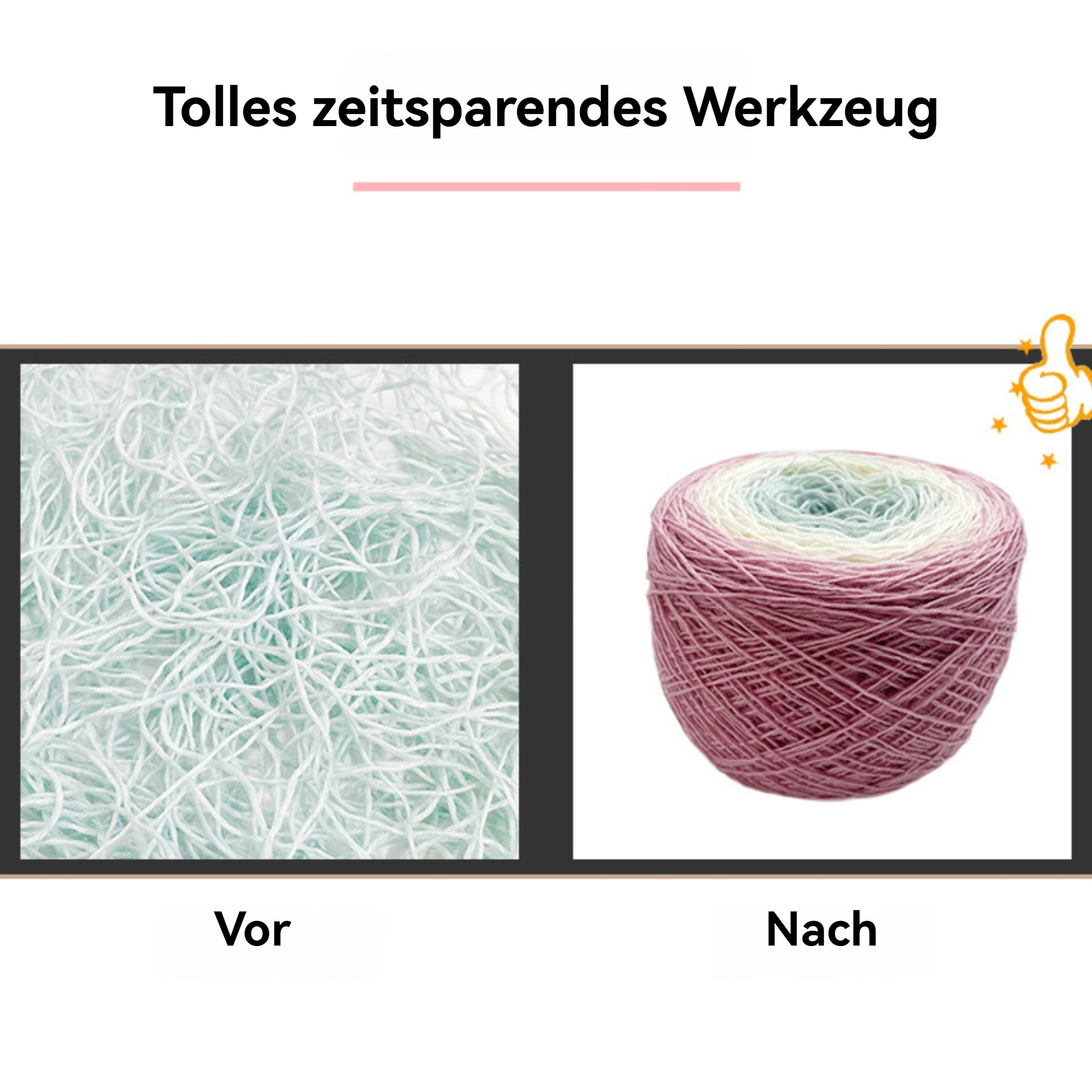 Das Bild zeigt zwei Garnproben. Eine ist verheddert, die andere ist ein Knäuel farbigen Garns, mit einem Daumen-hoch-Symbol in der Ecke.