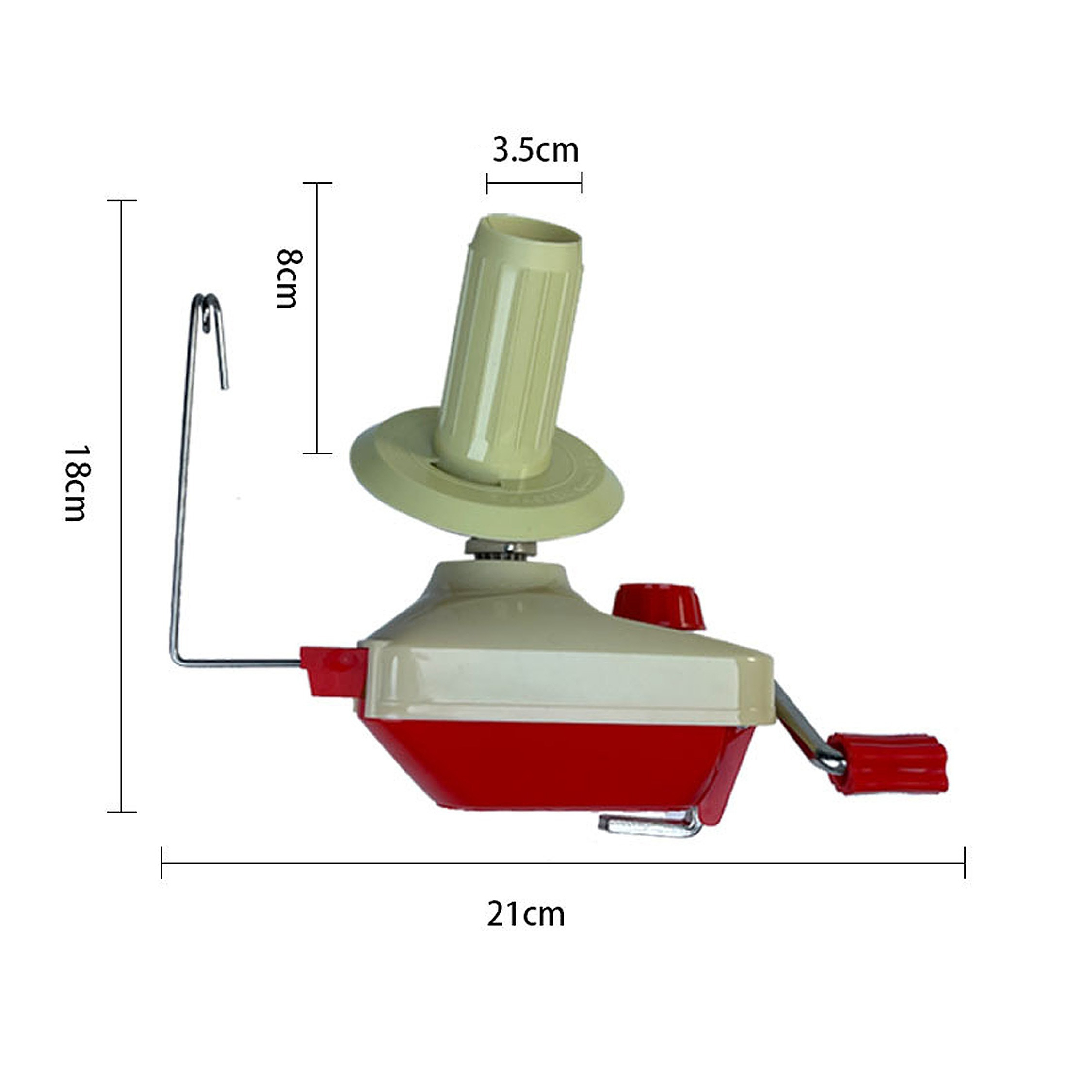 Ein Garnwickler mit rotem und cremefarbenem Gehäuse, cremefarbenem Konus und einem silbernen Arm. Abmessungen in cm.