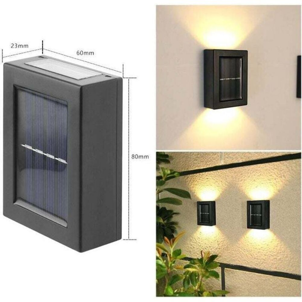 Eine solarbetriebene Wandleuchte mit Abmessungen wird gezeigt. Zusätzliche Bilder zeigen die installierte Lampe, die Licht emittiert. Pflanzen im Hintergrund.