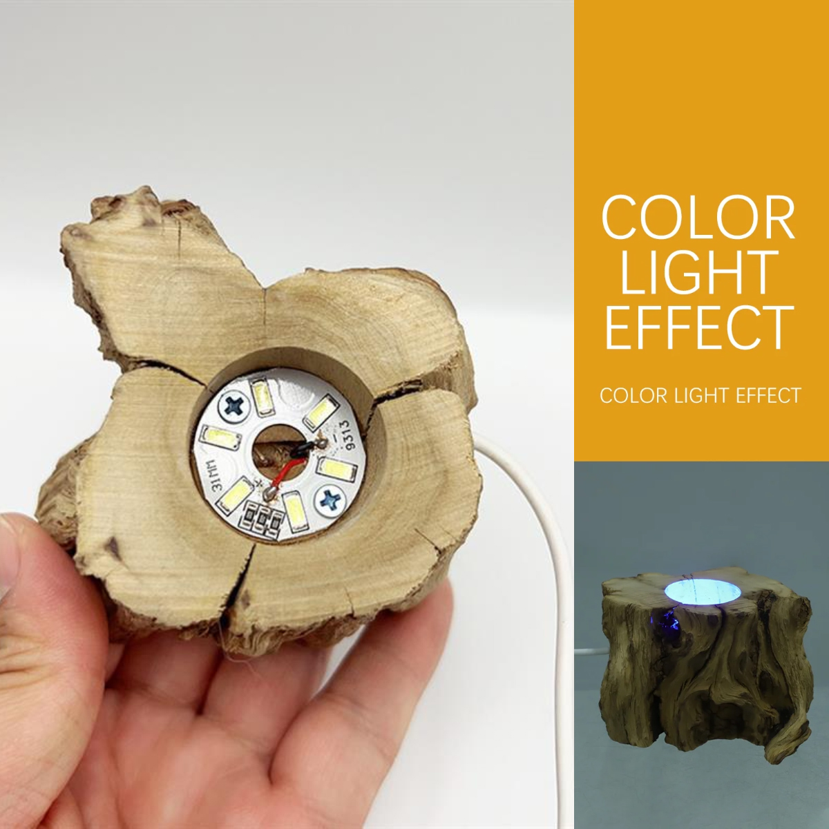 Eine Holzlampe mit einer LED-Leuchte im Inneren. In der Hand gehalten, hat die Lampe ein weißes Kabel. Text rechts: FARBLICHTEFFEKT.