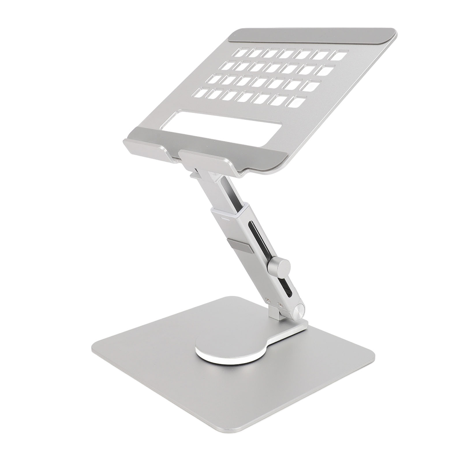 Silberner Laptop-Ständer. Er hat eine verstellbare Höhe und einen verstellbaren Winkel. Perforierte Oberseite. Quadratische Basis.