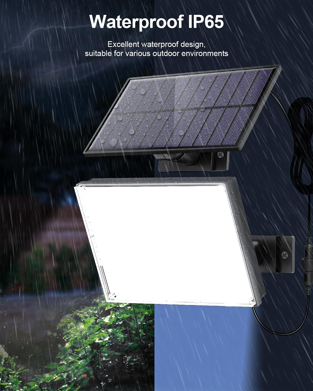 Eine solarbetriebene Außenleuchte, wasserdicht, mit einem Solarpanel oben und einem hellen Licht unten. Es regnet, mit blauem und grünem Hintergrund.