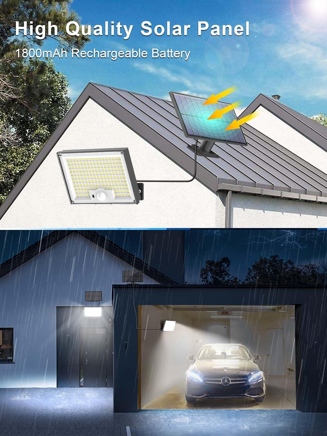 Solarpanel auf einem Hausdach. Flutlichter sind montiert. Ein Auto steht mit eingeschaltetem Licht in der Garage. Es regnet.