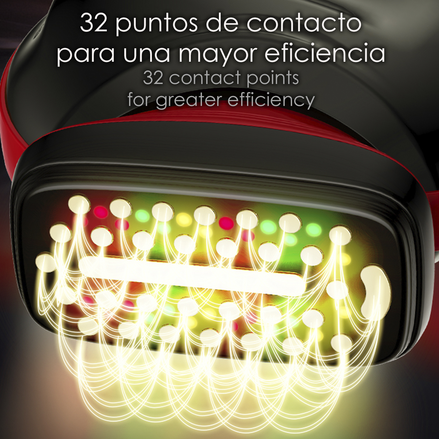 Primo piano di un dispositivo con luci luminose e testo in spagnolo e inglese: 32 punti di contatto per una maggiore efficienza.