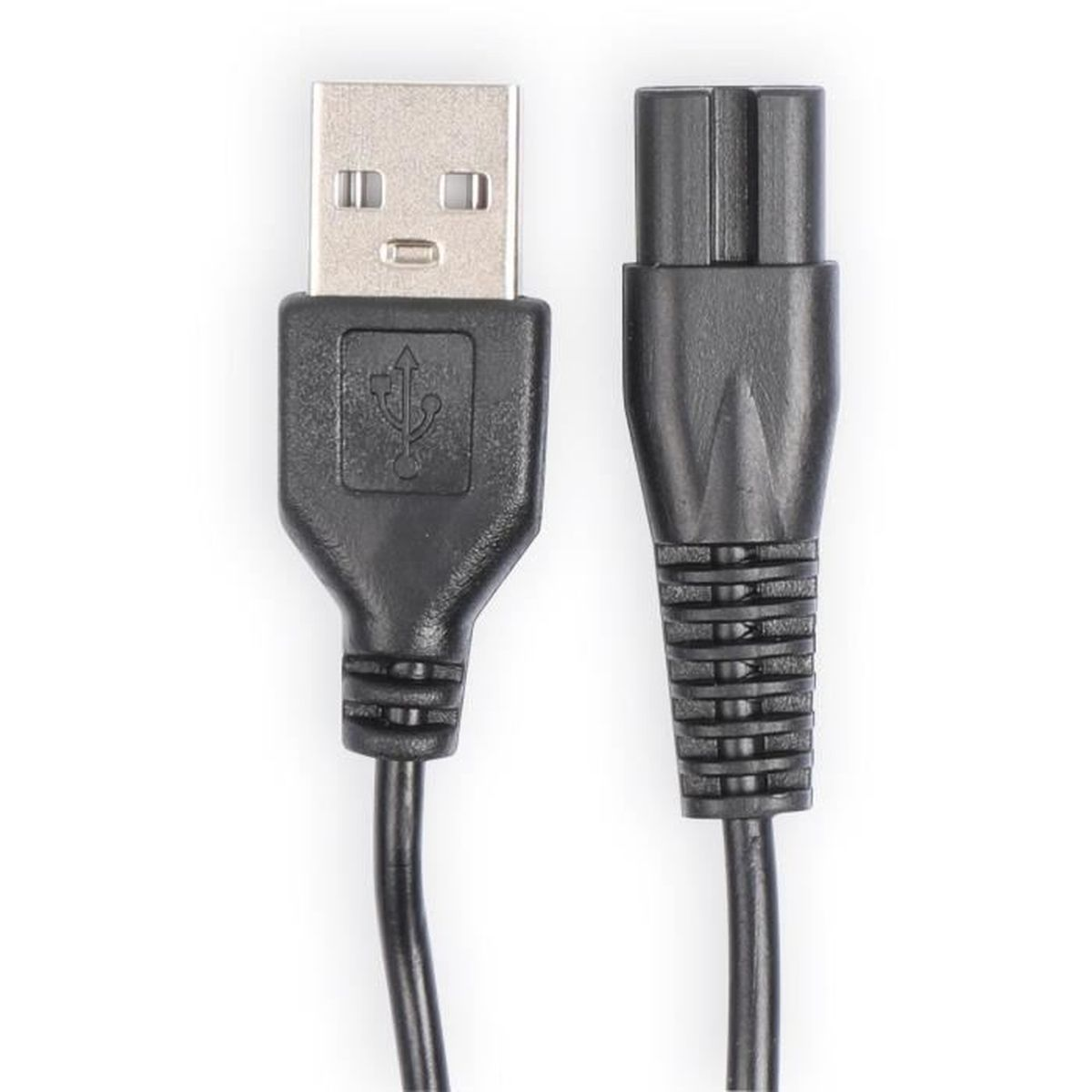 Ein schwarzes USB-Kabel und ein schwarzes Rasierapparat-Ladekabel vor weißem Hintergrund. Das USB-Ende ist silberfarben.