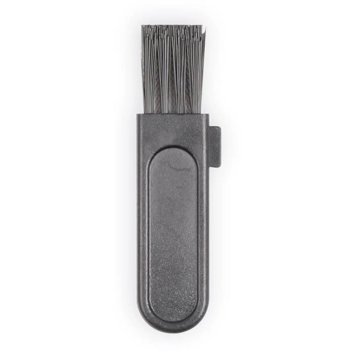 Eine kleine, graue Reinigungsbürste mit Metallborsten. Sie hat einen Griff mit einer gebogenen Vertiefung und einer kleinen Lasche an der Seite.