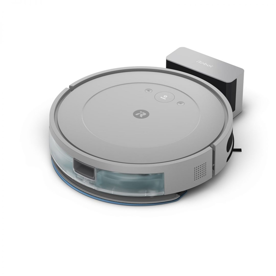 Szary odkurzacz iRobot Roomba z bazą ładującą. Na białym tle. Roomba ma przyciski i zbiornik na wodę.