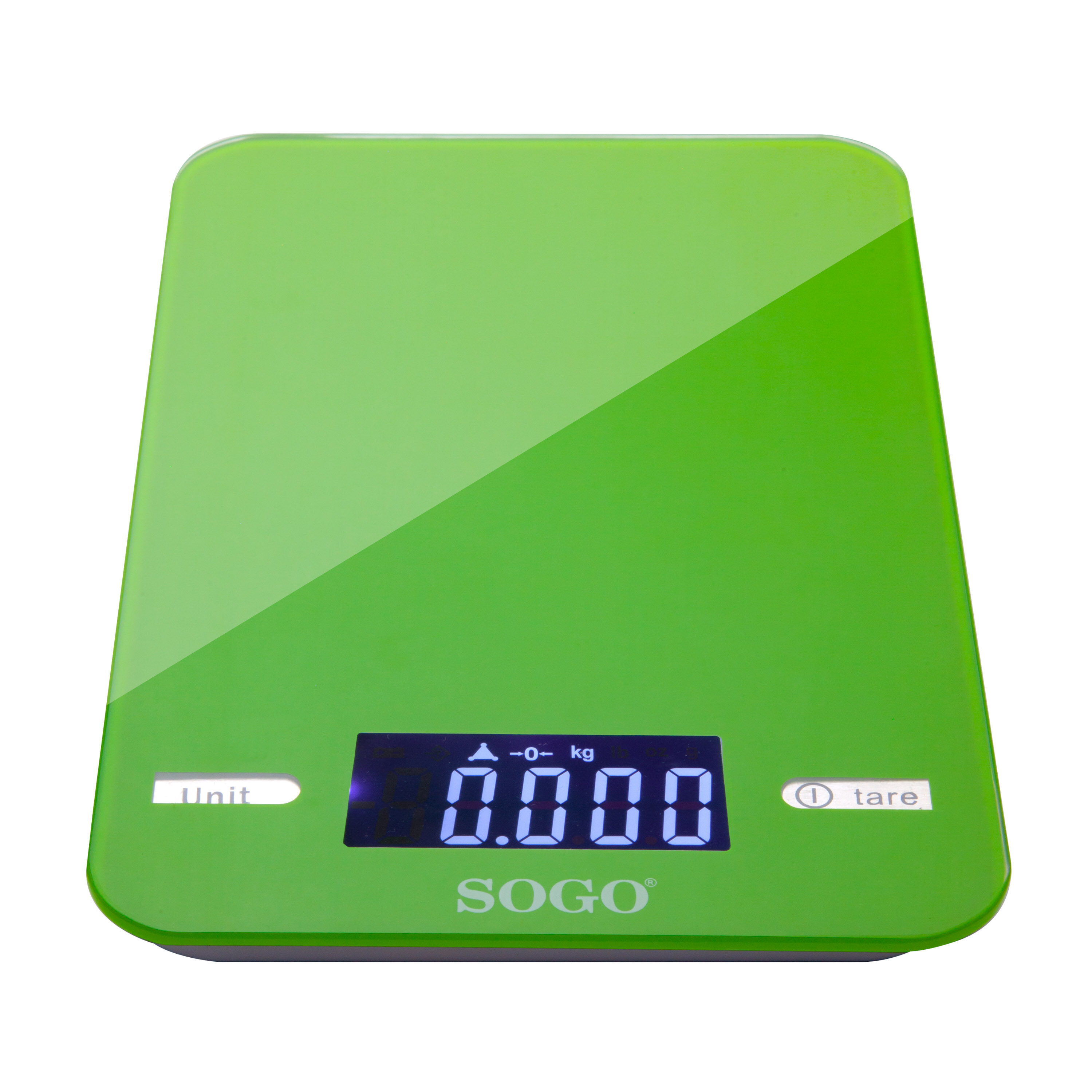Bilancia da cucina digitale SOGO verde. Il display mostra 0,000 kg. Tasti Unit e tara visibili.