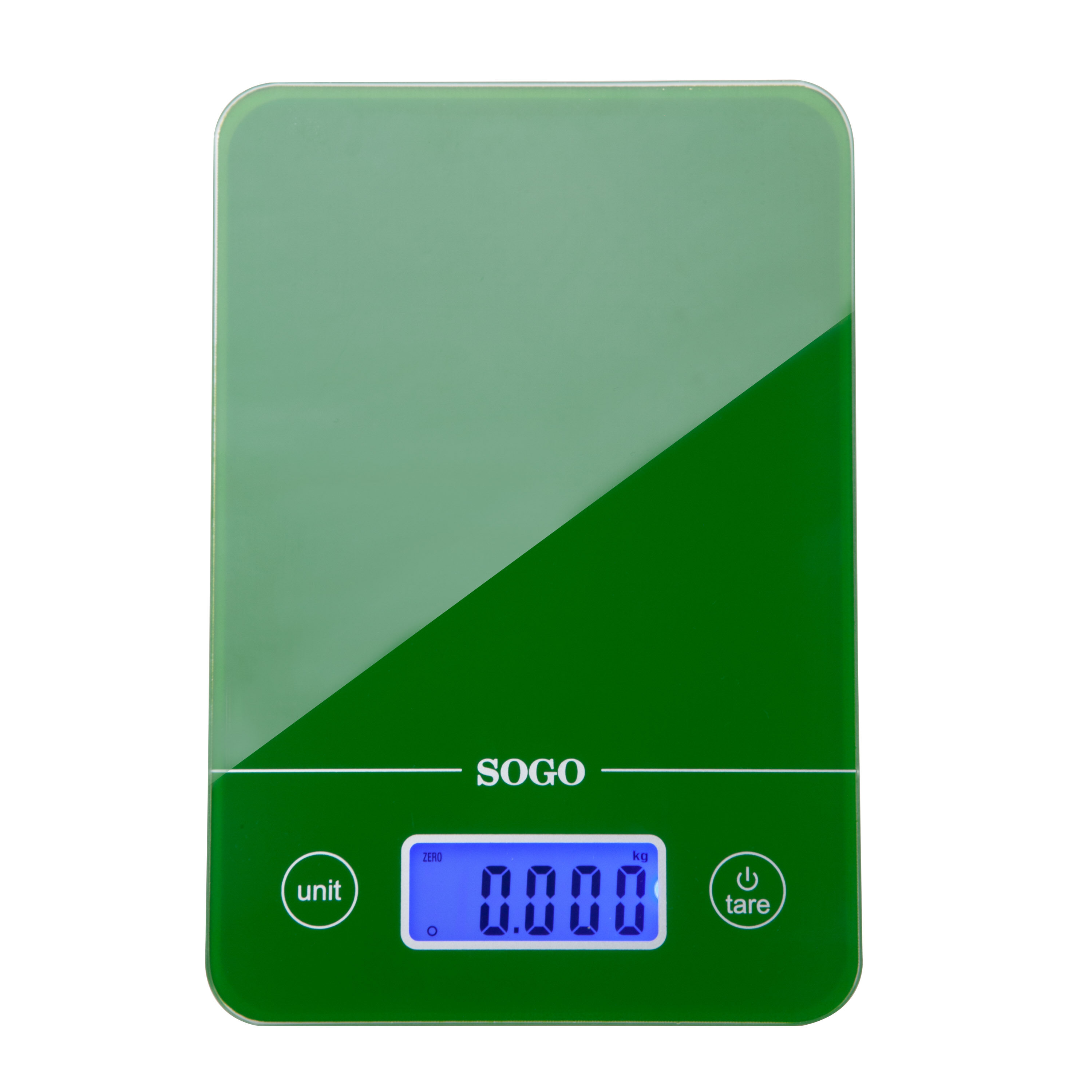 Balanza de cocina digital verde, peso cero mostrado. Tiene botones de unidad y tara. Marca SOGO.