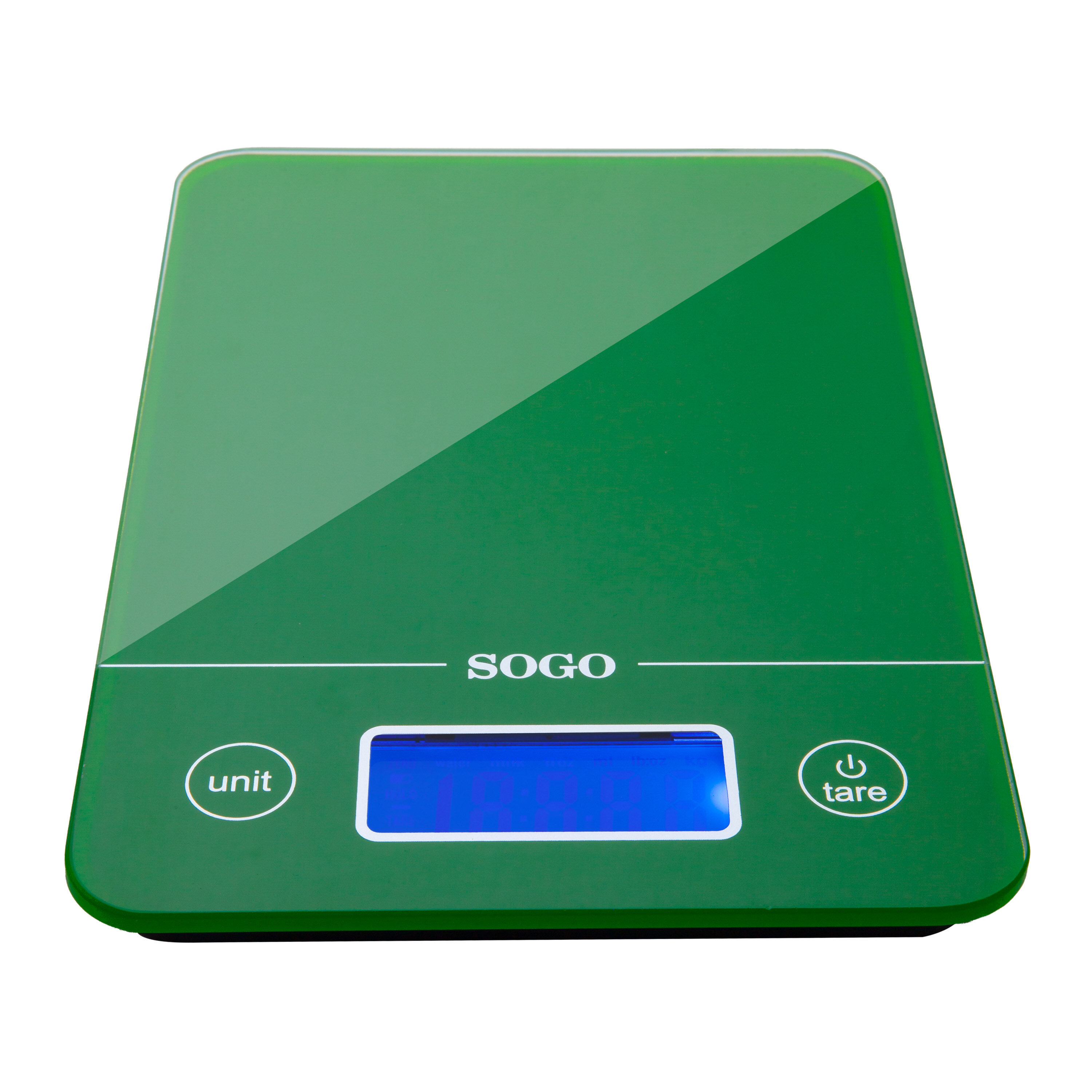 Una báscula de cocina digital verde con pantalla azul. Tiene botones de unidad y tara. La marca es SOGO.