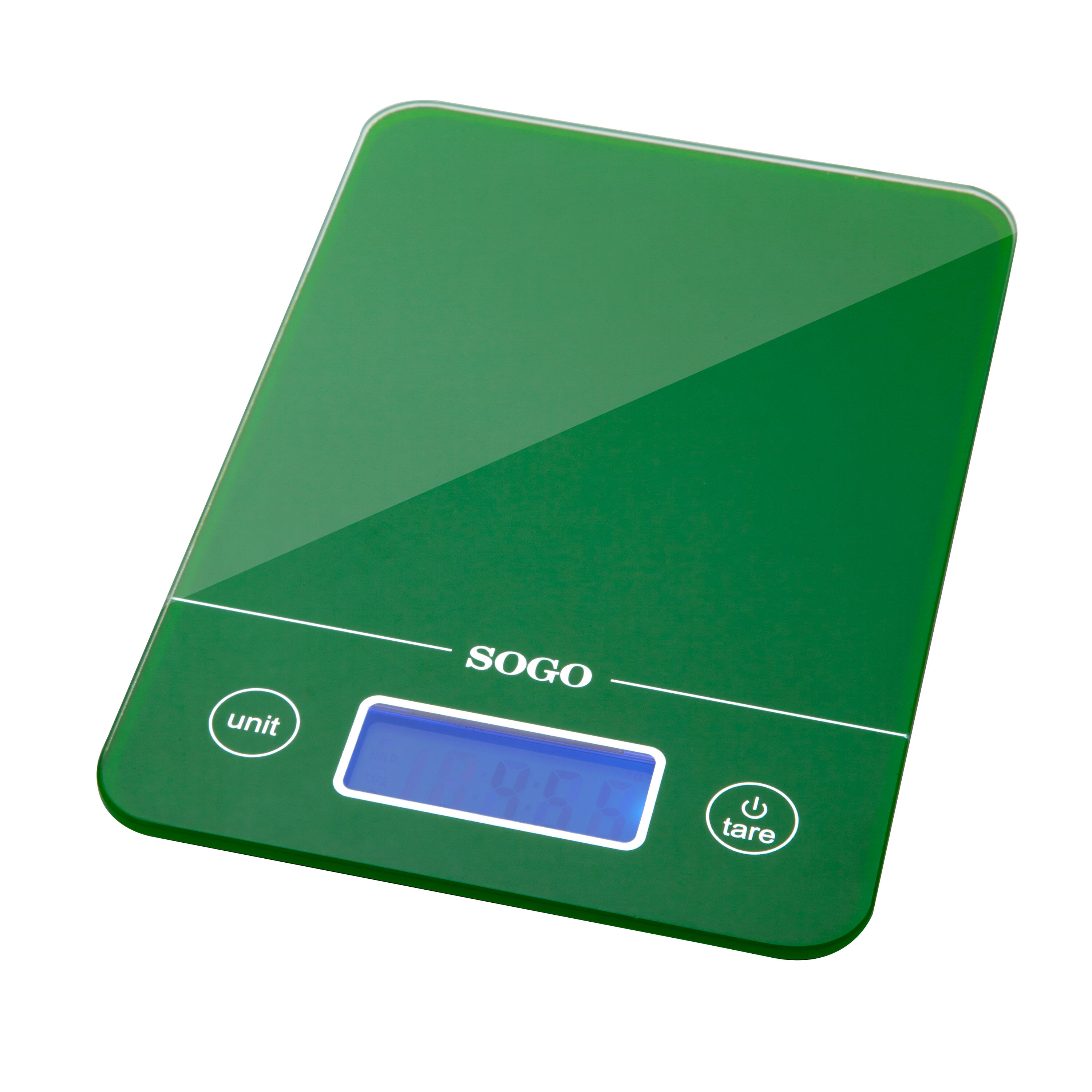 Una báscula de cocina verde SOGO con pantalla digital. Tiene botones de unidad y tara.