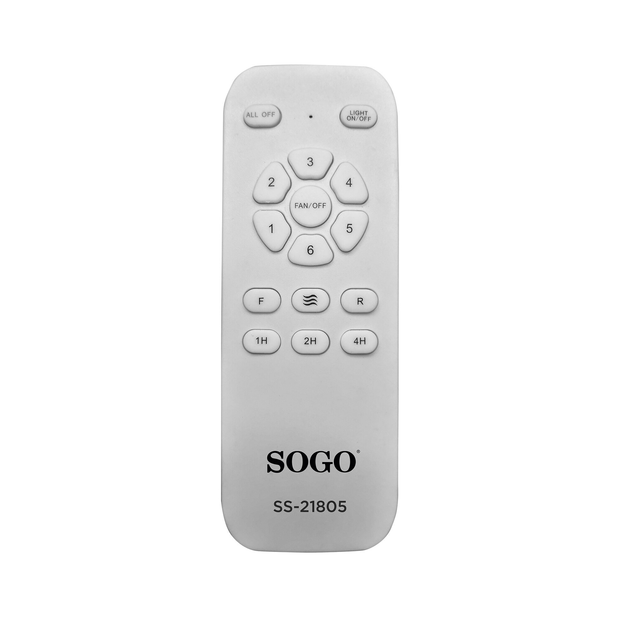 Un mando a distancia blanco SOGO SS-21805 con múltiples botones para funciones de ventilador y luz, sobre fondo blanco.