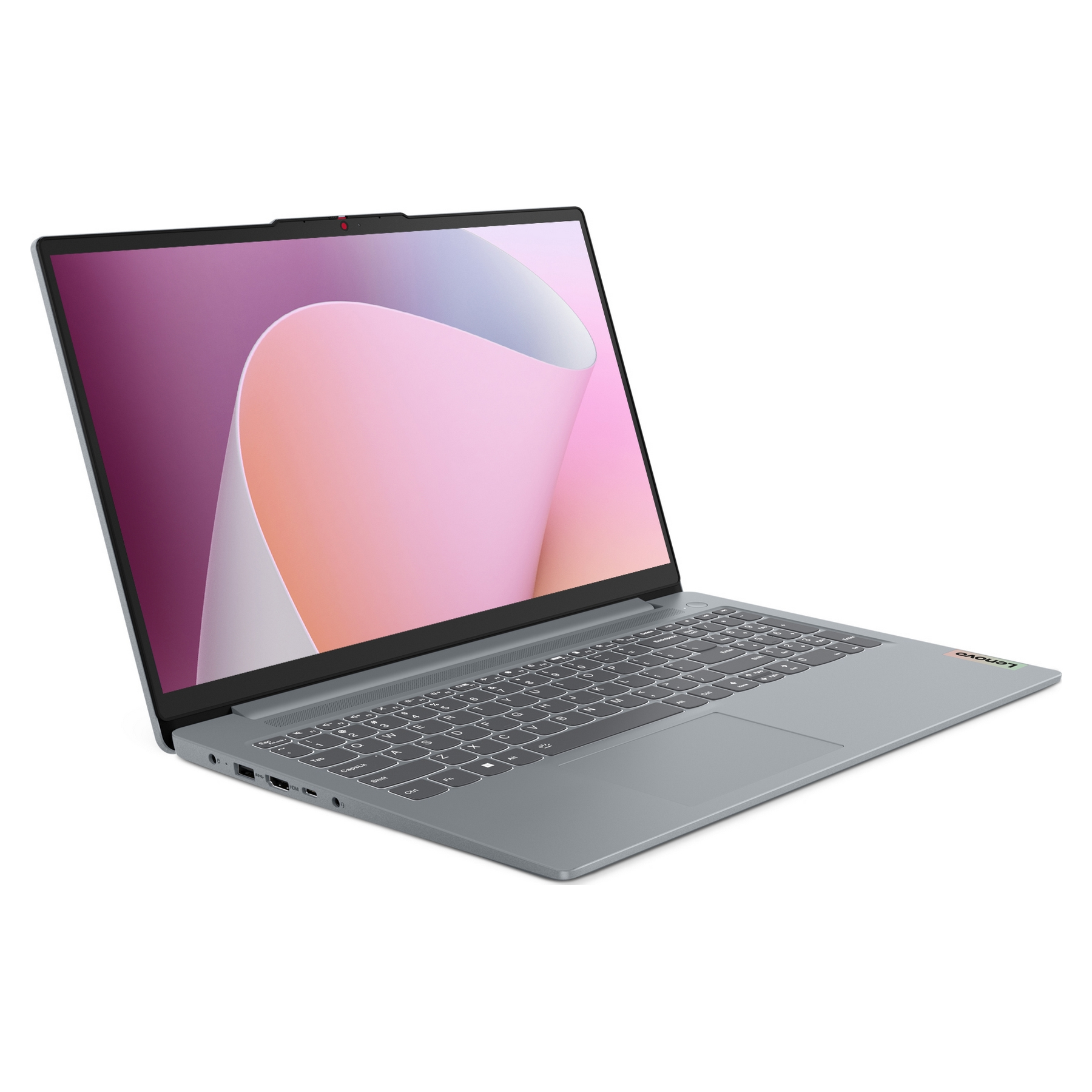 Un laptop Lenovo grigio è angolato su una superficie bianca. Lo schermo mostra un design astratto rosa e viola.
