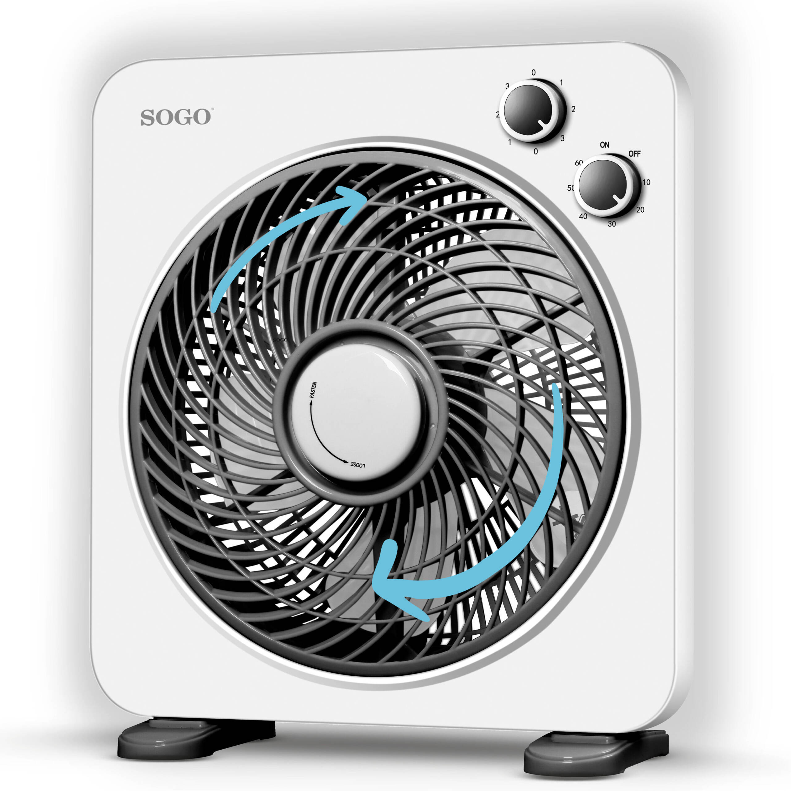 Biały wentylator SOGO z czarną kratką. Posiada ustawienia prędkości i timer. Niebieskie strzałki wskazują kierunek.