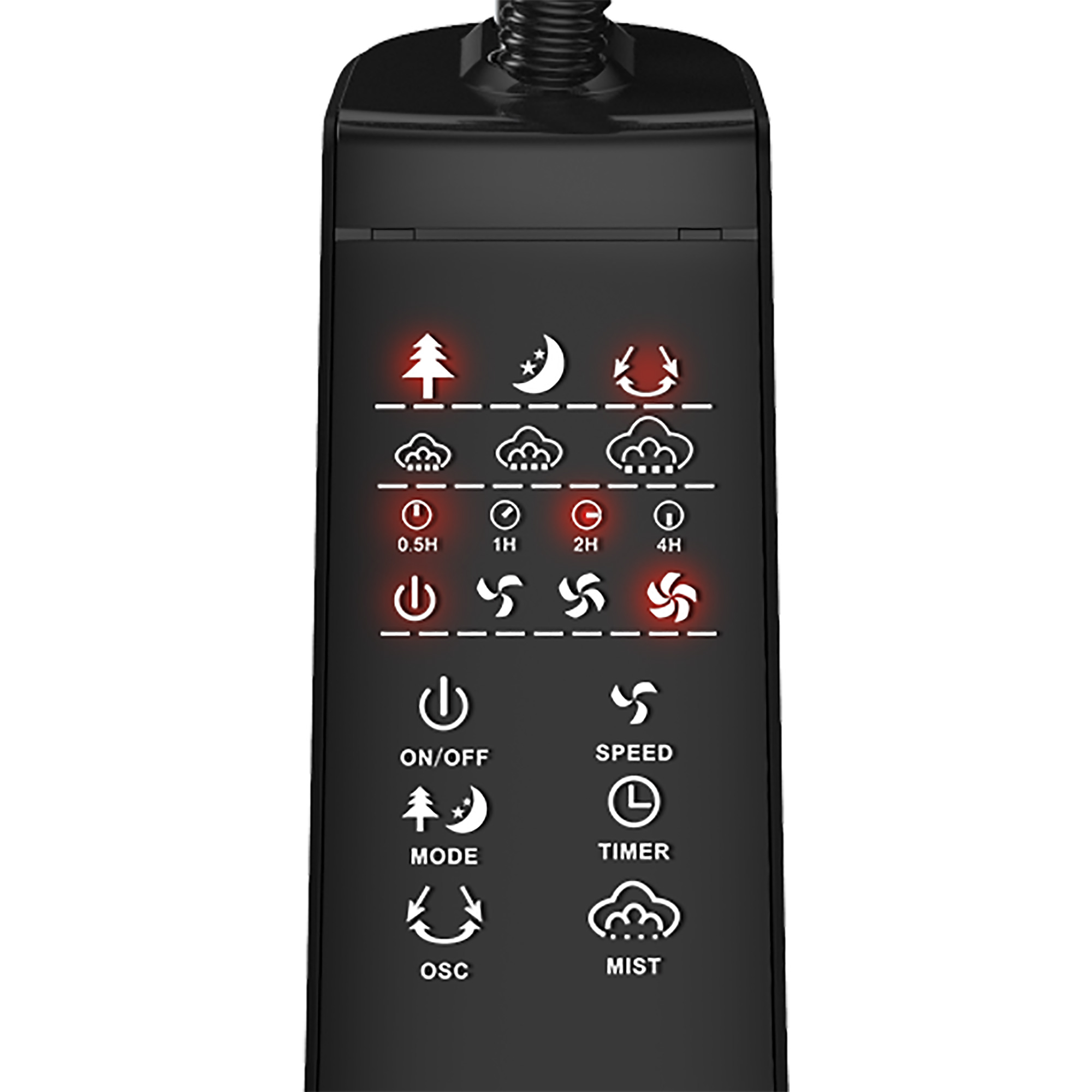 Czarny panel sterowania z podświetlanymi ikonami wentylatora. Ikony obejmują zasilanie, prędkość, timer, tryb, mgłę i oscylację.