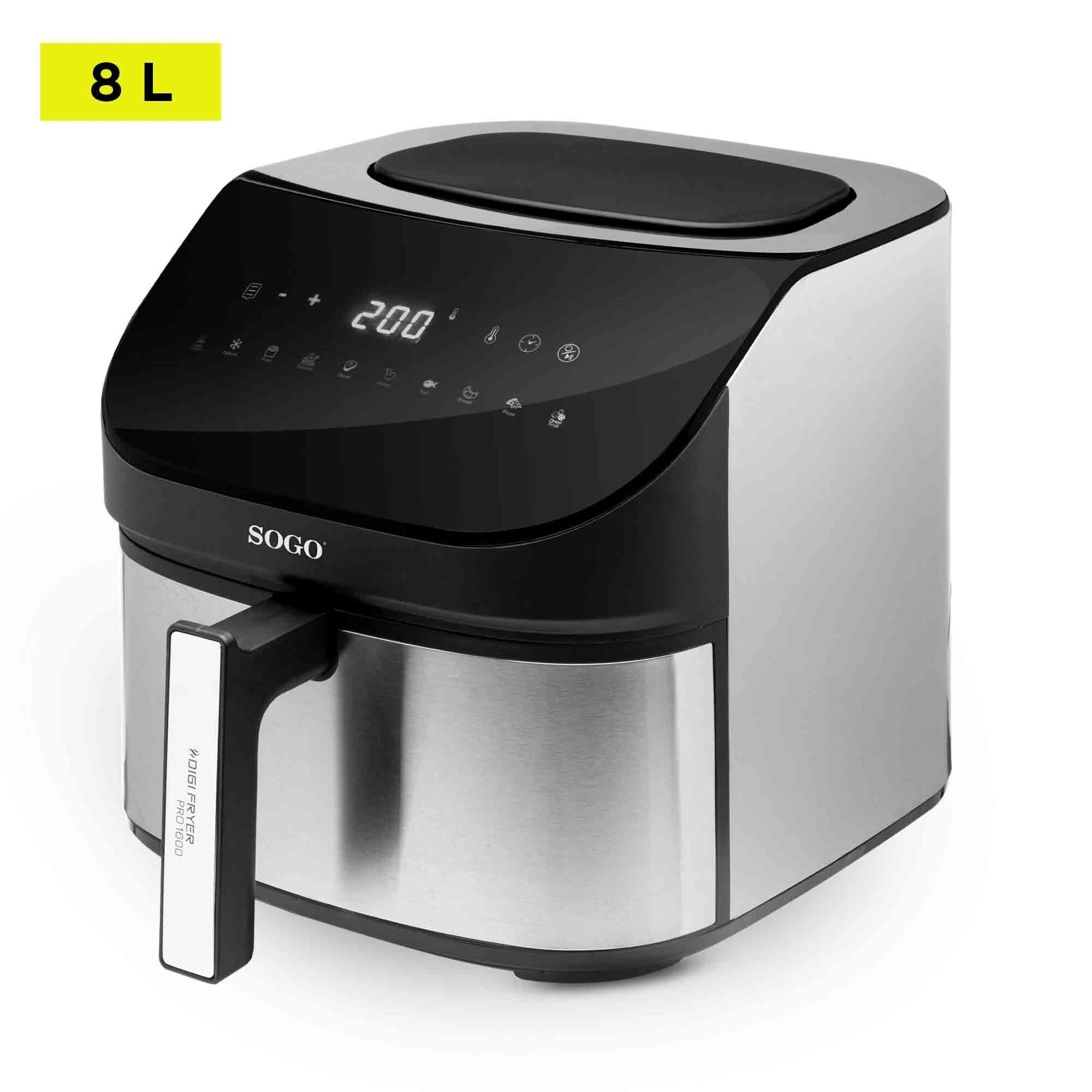 Una friggitrice ad aria da 8L. Ha un display digitale con 200. Il marchio è SOGO. Il manico ha la scritta DIGI FRYER PRO 1600.