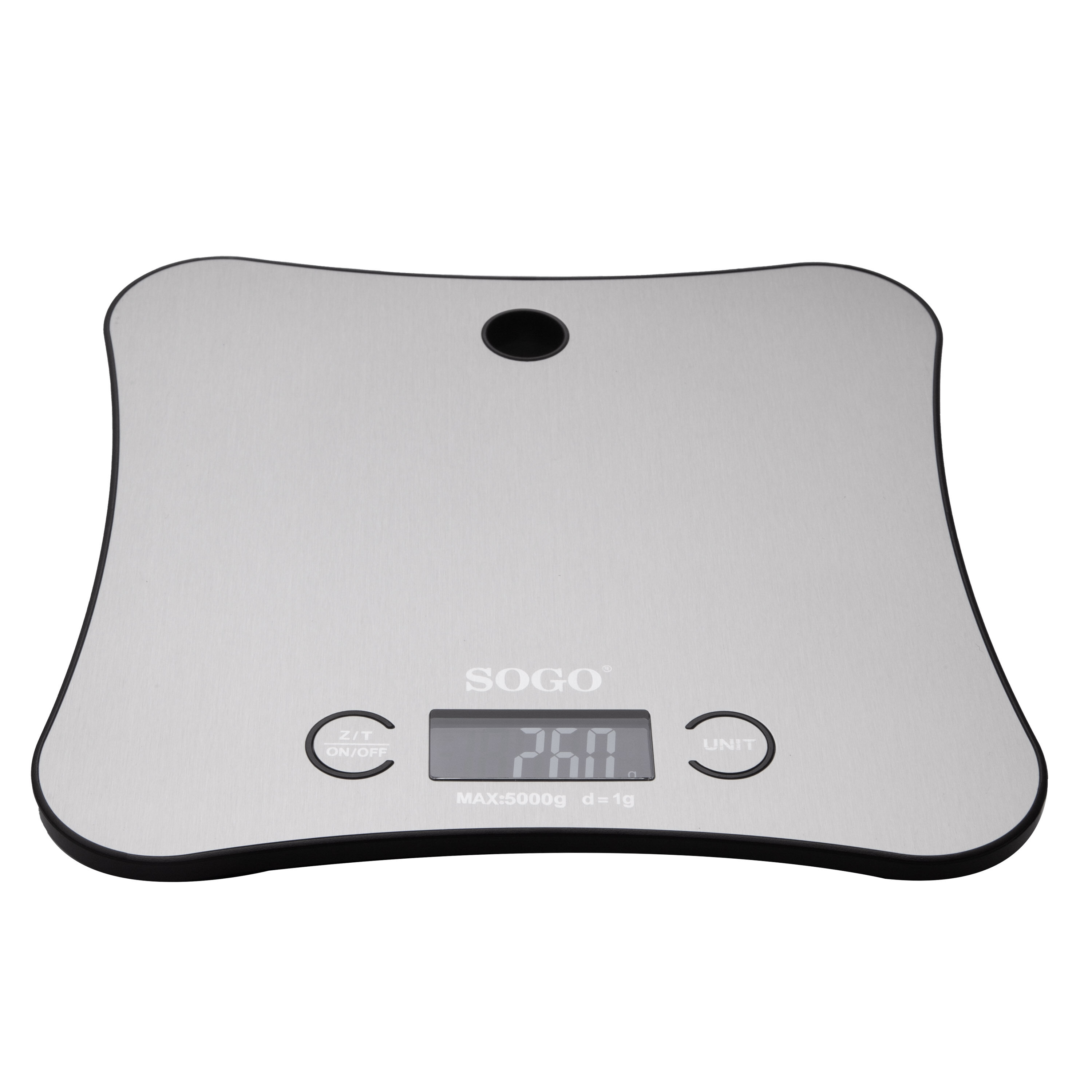 Srebrna waga kuchenna cyfrowa SOGO z czarną obwódką. Wyświetlacz pokazuje 260 g. Przyciski to Z/T i UNIT.