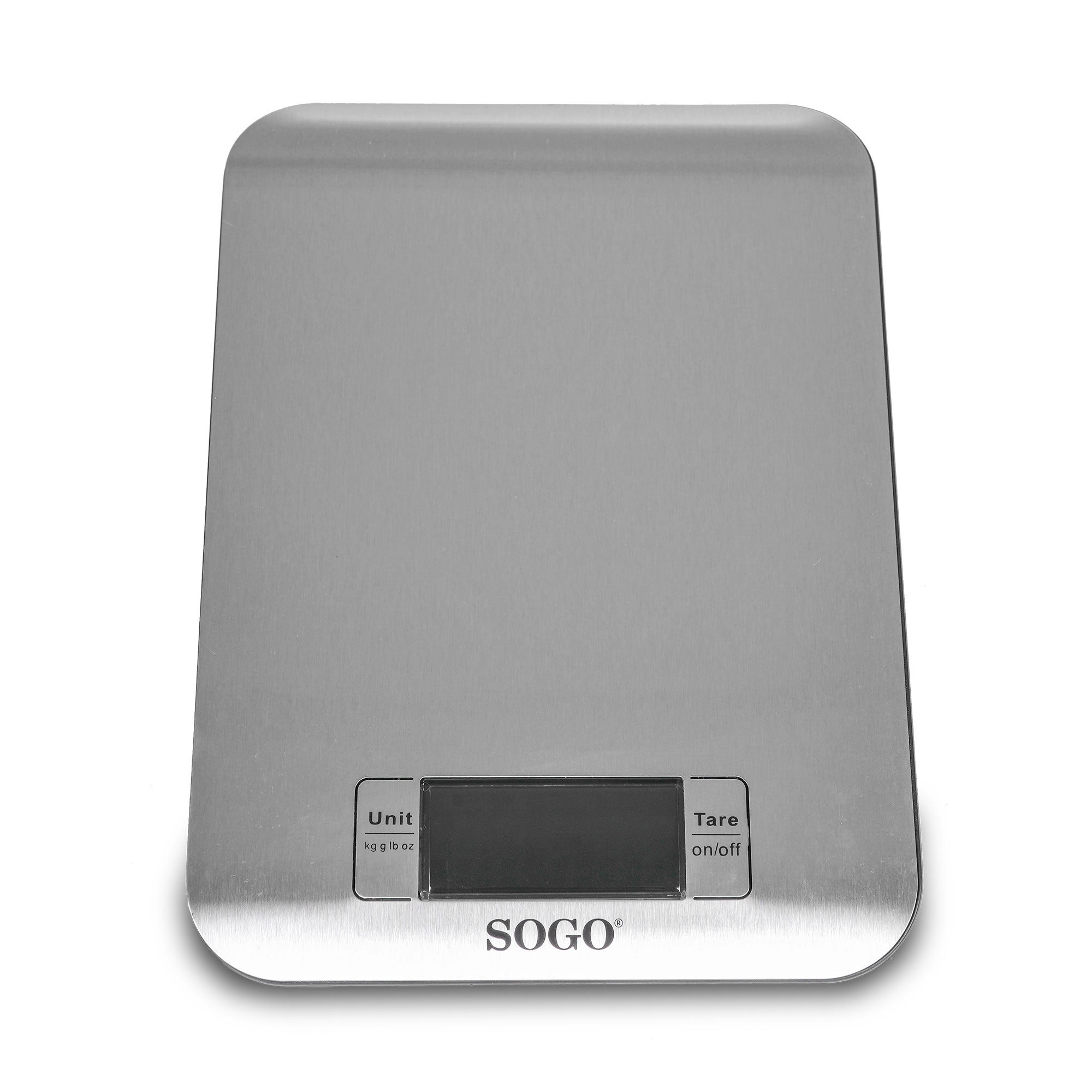 Una bilancia da cucina digitale argentata di SOGO. Ha un display digitale e pulsanti per le funzioni unità e tara. Lo sfondo è bianco.