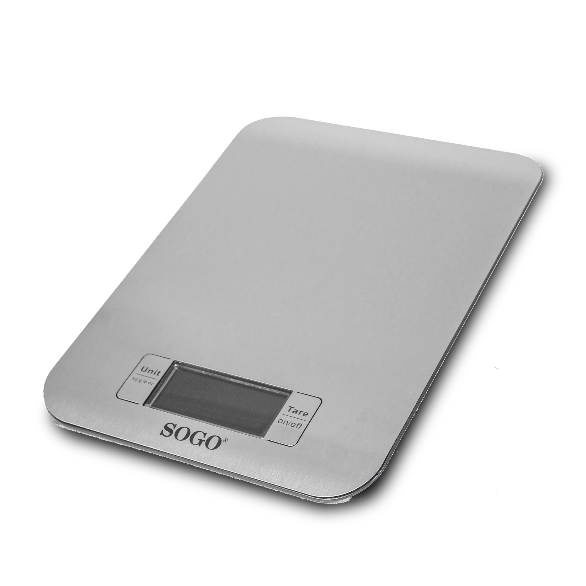 Bilancia da cucina digitale SOGO argentata su bianco. Ha un display e pulsanti per unità e tara. La superficie è riflettente.