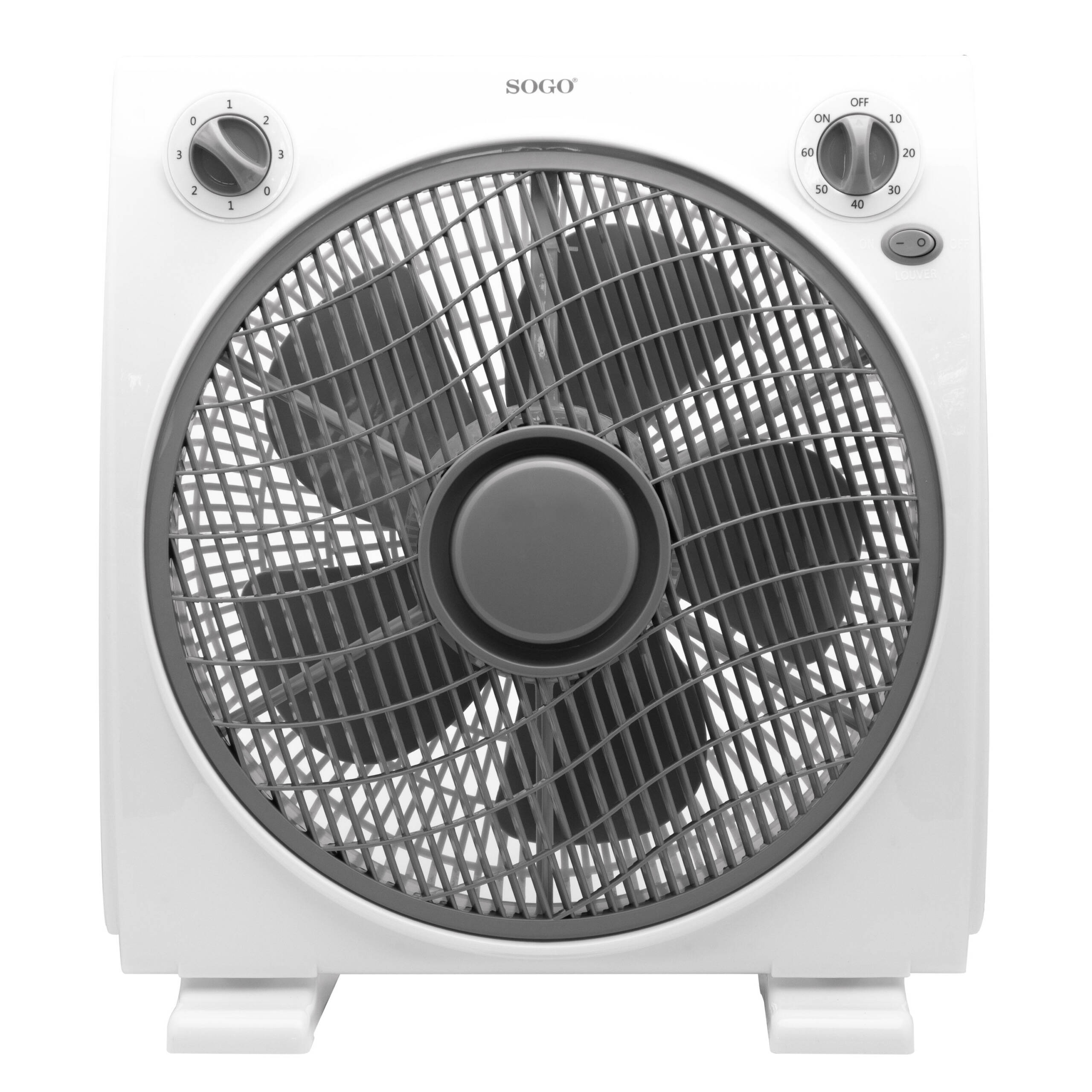 Un ventilador de caja blanco con rejilla y aspas grises. Tiene dos diales de velocidad y un interruptor de encendido/apagado.