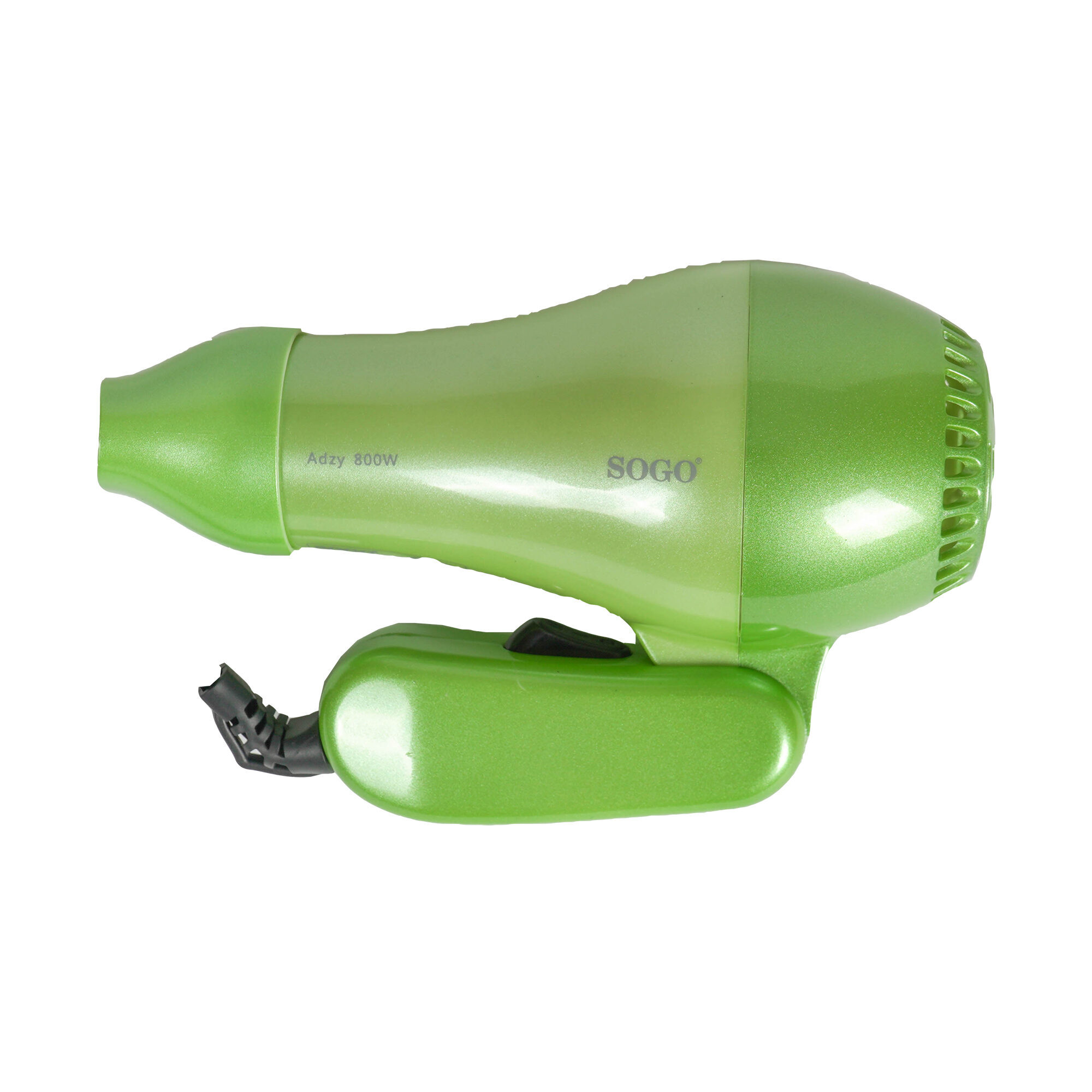 Un secador de pelo verde SOGO sobre un fondo blanco. Tiene un mango, una boquilla y un cable de alimentación.