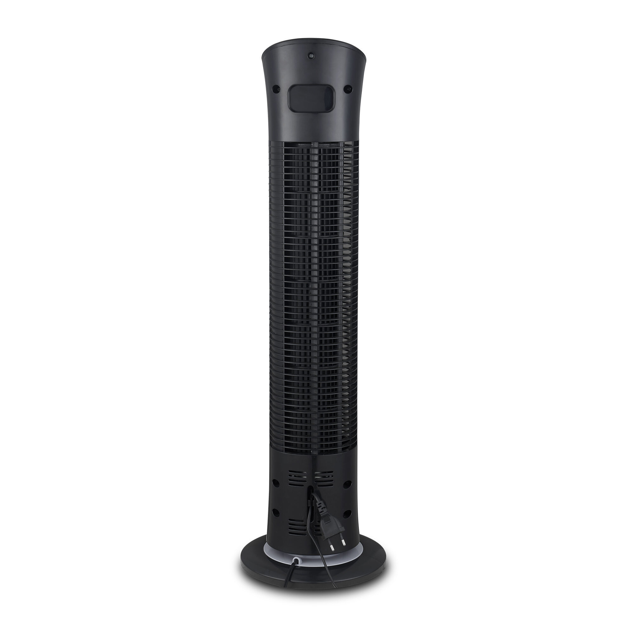 Un ventilador de torre negro sobre fondo blanco. Tiene cuerpo cilíndrico, base redonda y cable de alimentación.