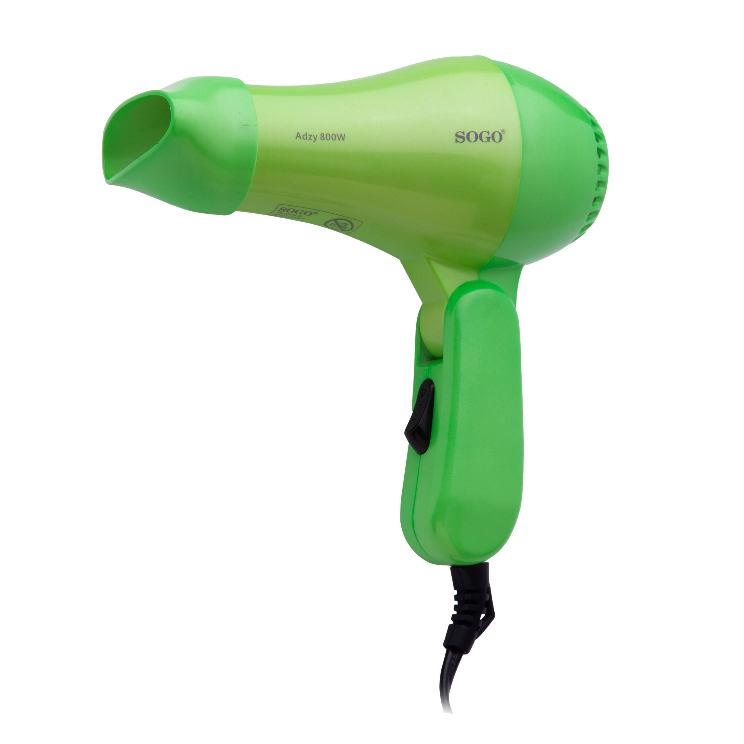 Un secador de pelo verde sobre un fondo blanco. Tiene un interruptor negro y un cable de alimentación negro.
