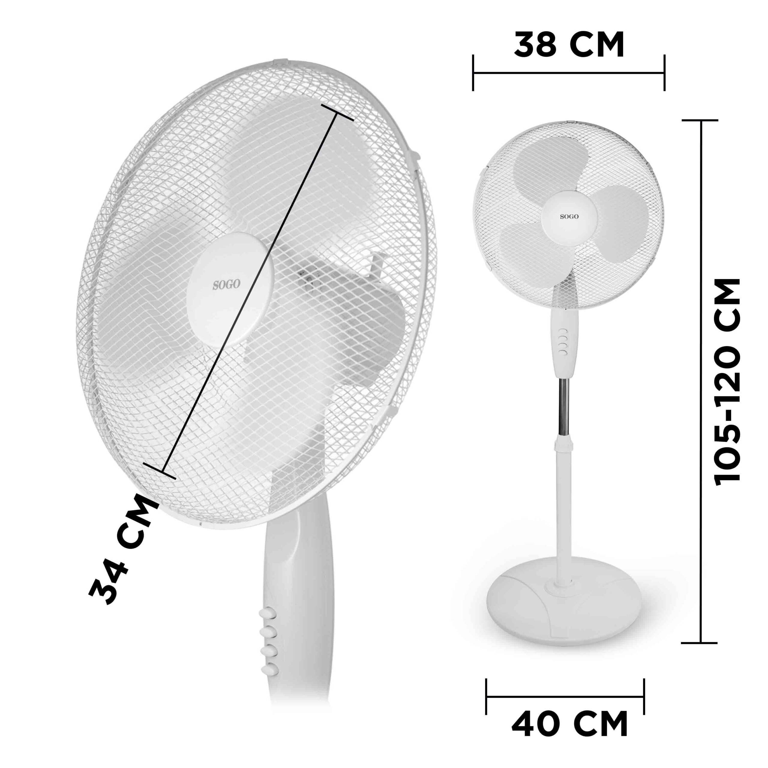 Un ventilador de pie SOGO blanco con protector de malla. Las dimensiones son: 34cm, 38cm, 40cm y 105-120cm.