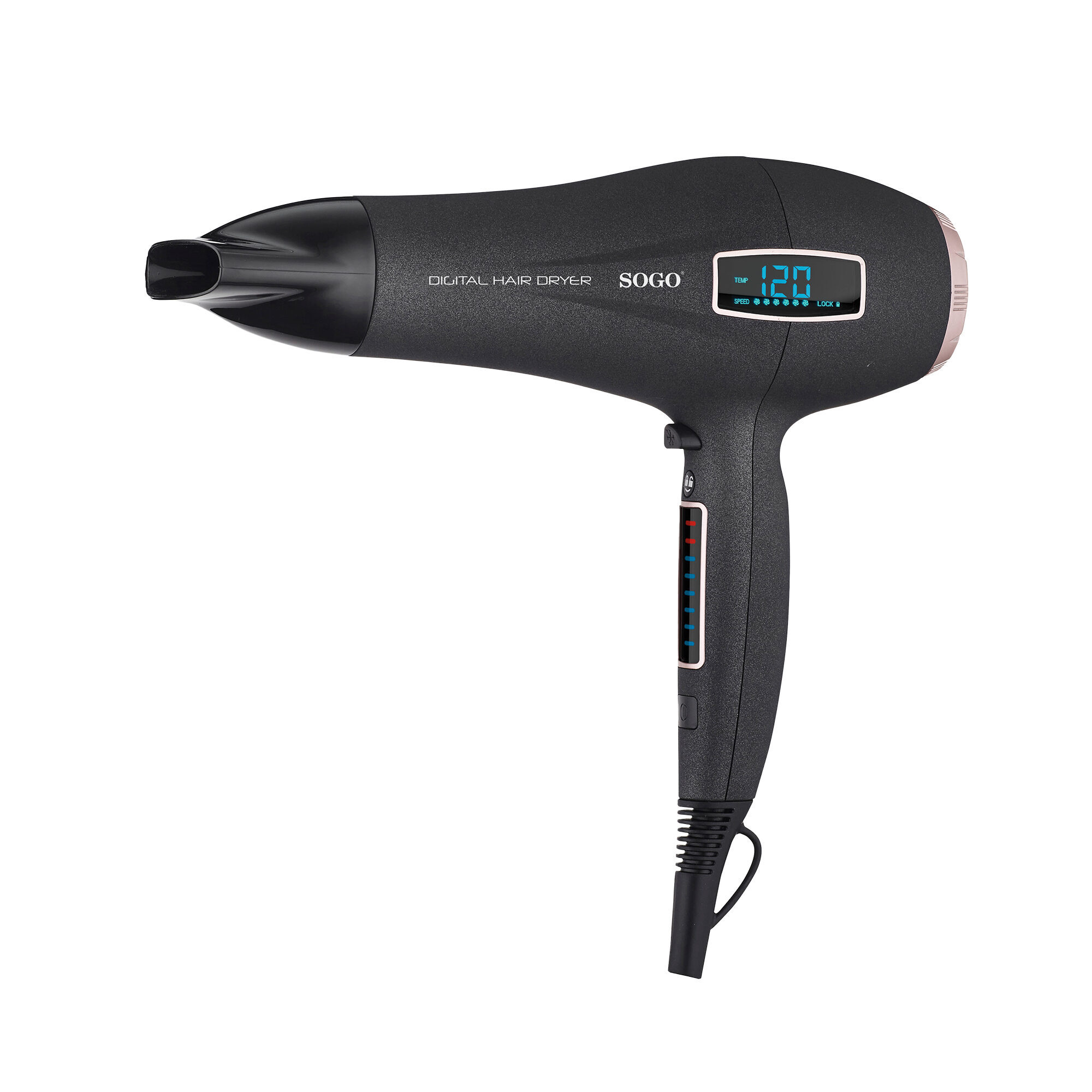 Un secador de pelo digital negro, marca SOGO, con una pantalla digital que muestra la temperatura. El fondo es blanco.