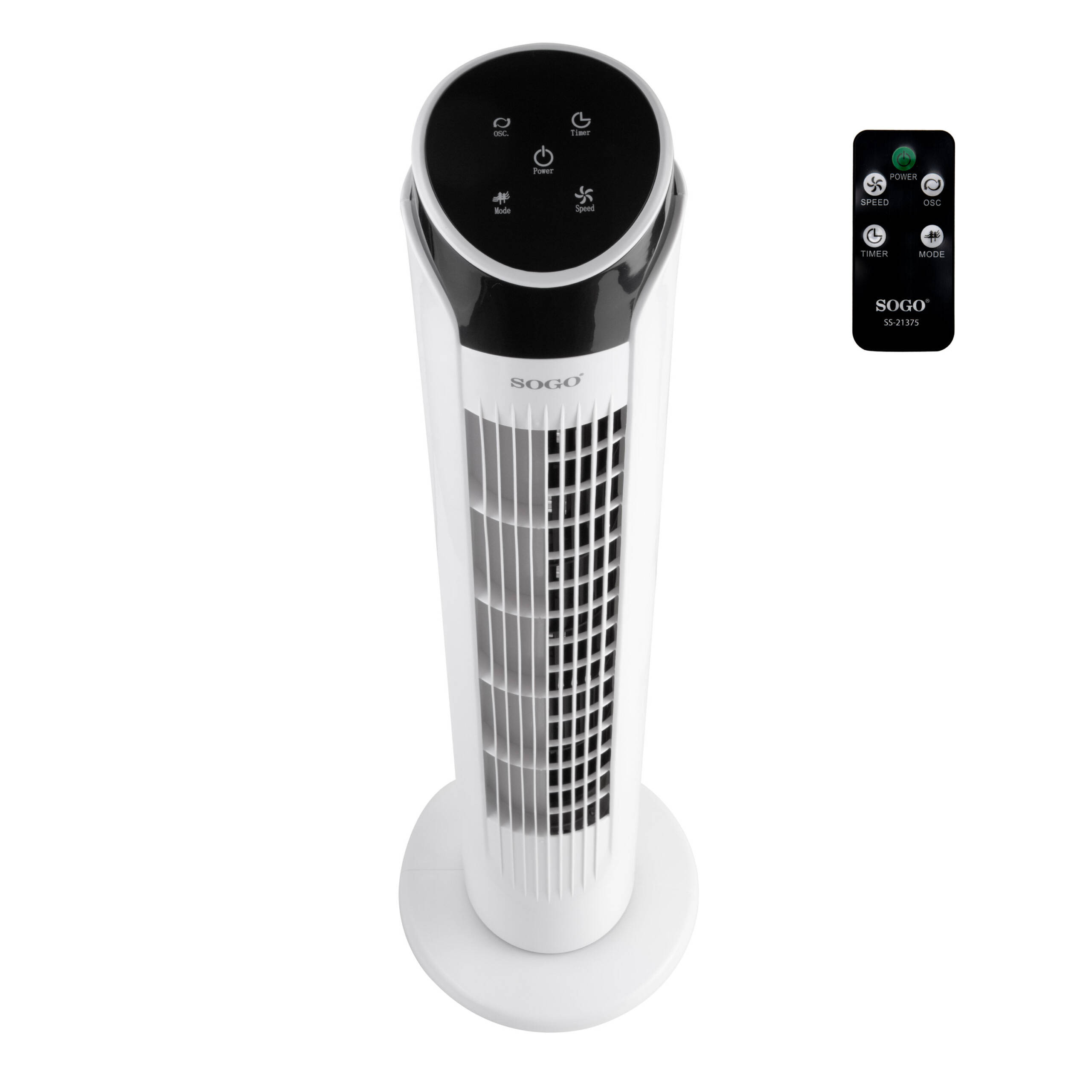 Biały wentylator wieżowy SOGO z czarnym górnym panelem, przyciskami sterowania i pilotem na białym tle.