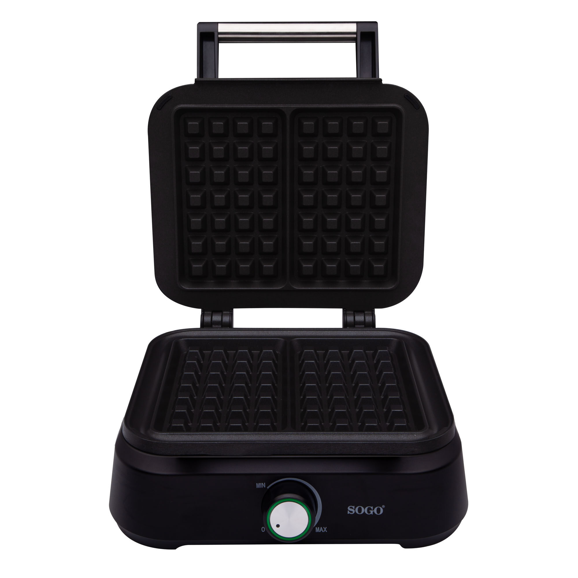 Czarny gofrownica, otwarta, pokazująca kratki. Srebrny uchwyt na górze.