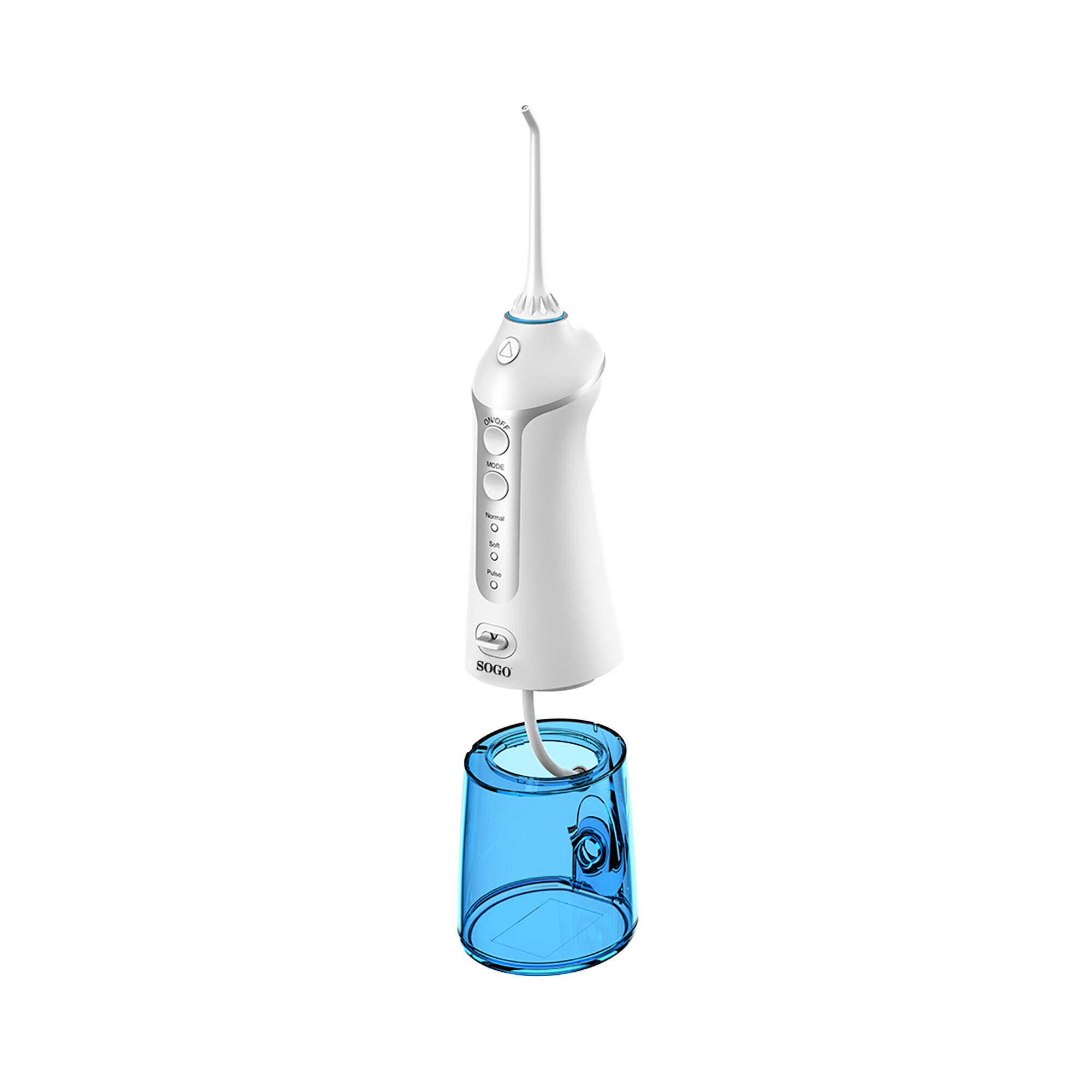 Ein weiß-blauer SOGO-Wasserflosser mit blauem Wasserbehälter auf weißem Hintergrund.
