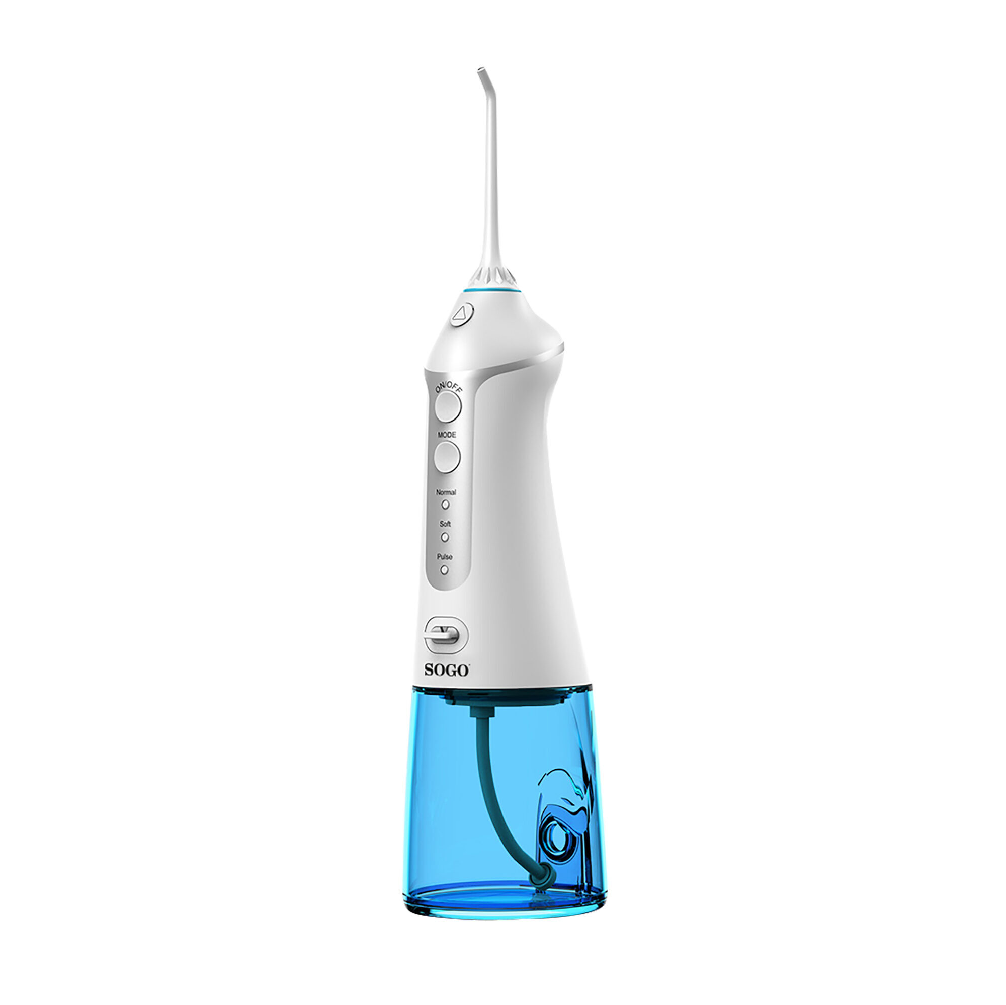 Ein weiß-blauer SOGO-Wasserflosser steht aufrecht. Er hat eine lange Düse und ein transparentes blaues Wasserreservoir.